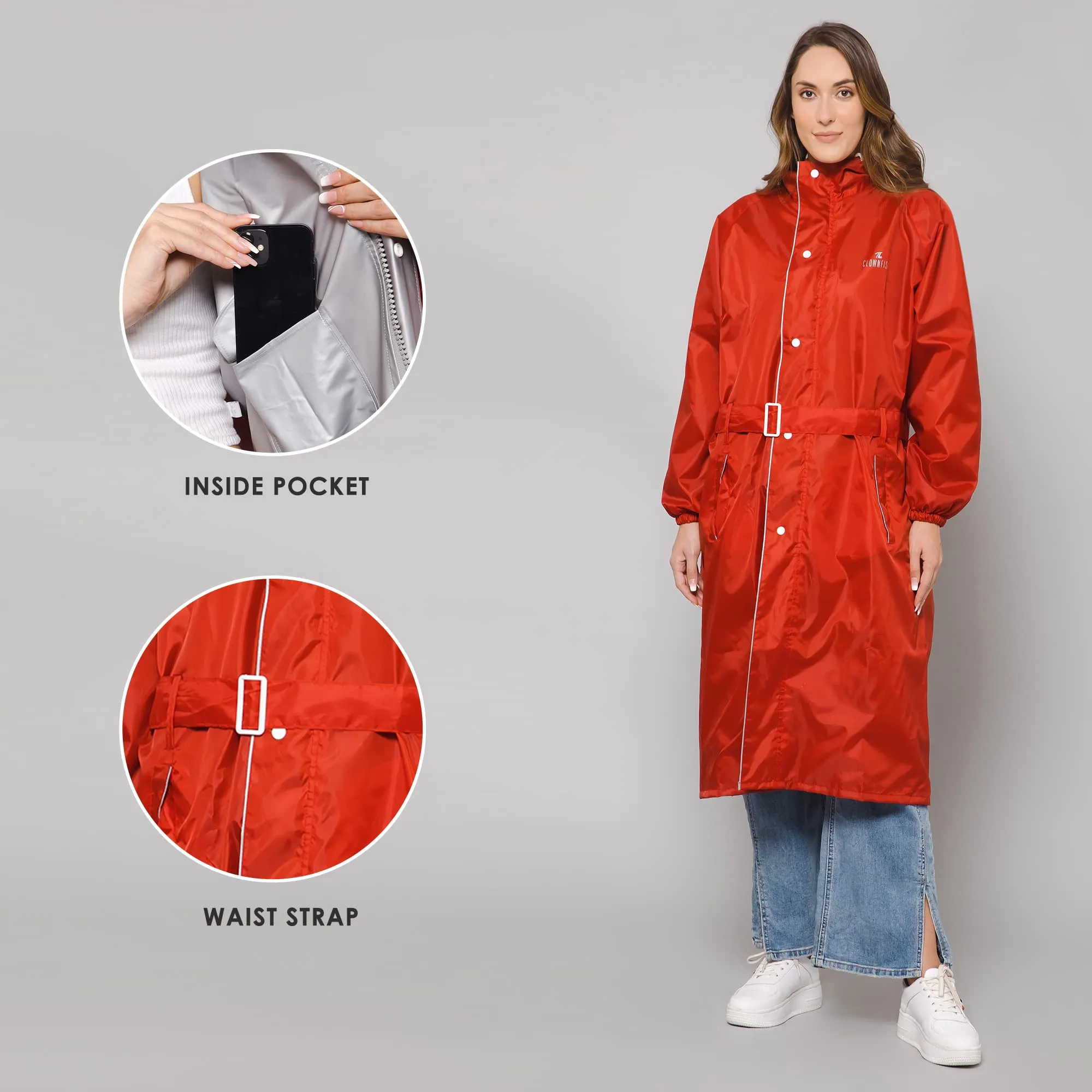 THE CLOWNFISH Polyester Raincoats For Women Rain Coat For Women Raincoat For Ladies Waterproof Reversible Double Layer. Drizzle Diva Series (Red, Large)