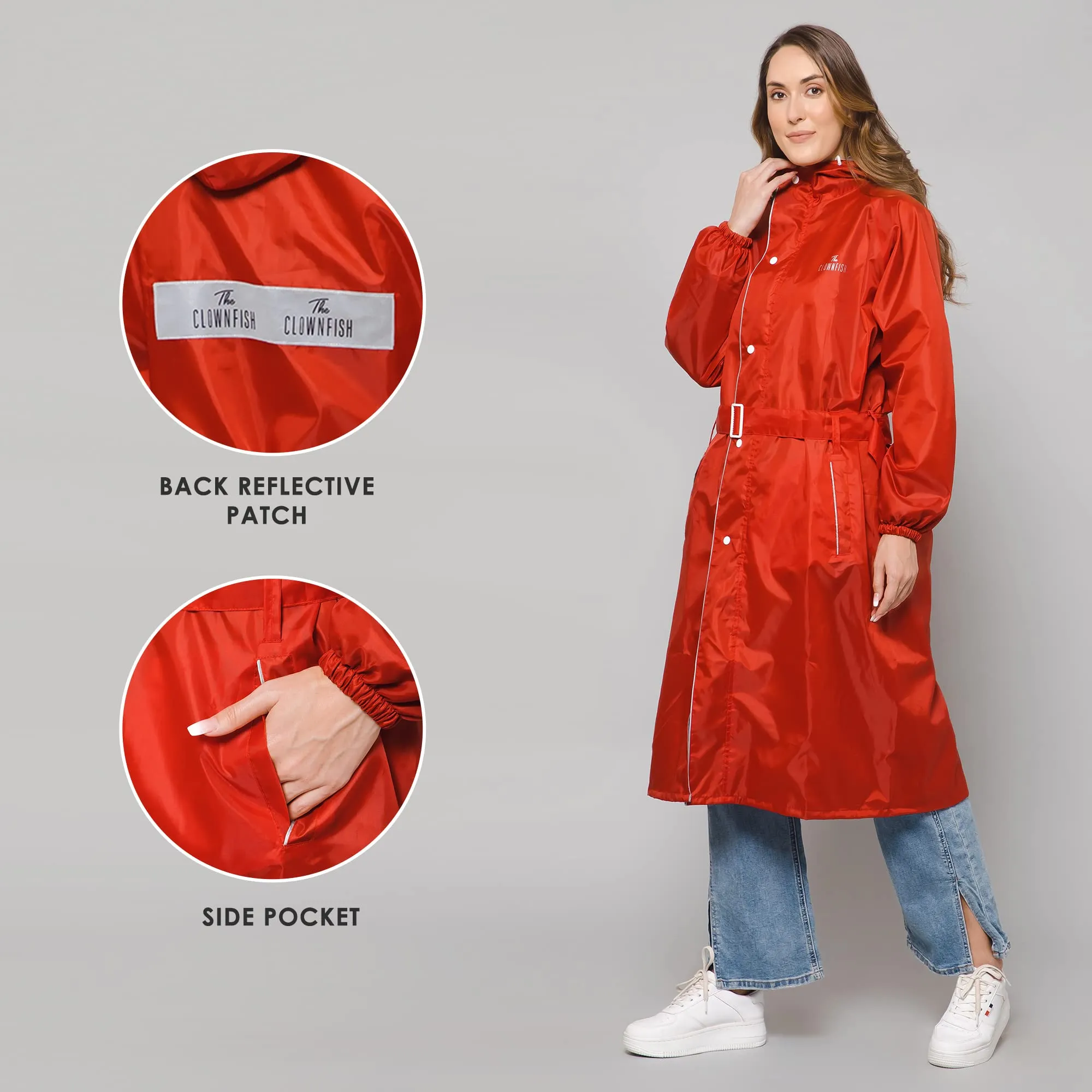 THE CLOWNFISH Polyester Raincoats For Women Rain Coat For Women Raincoat For Ladies Waterproof Reversible Double Layer. Drizzle Diva Series (Red, Large)