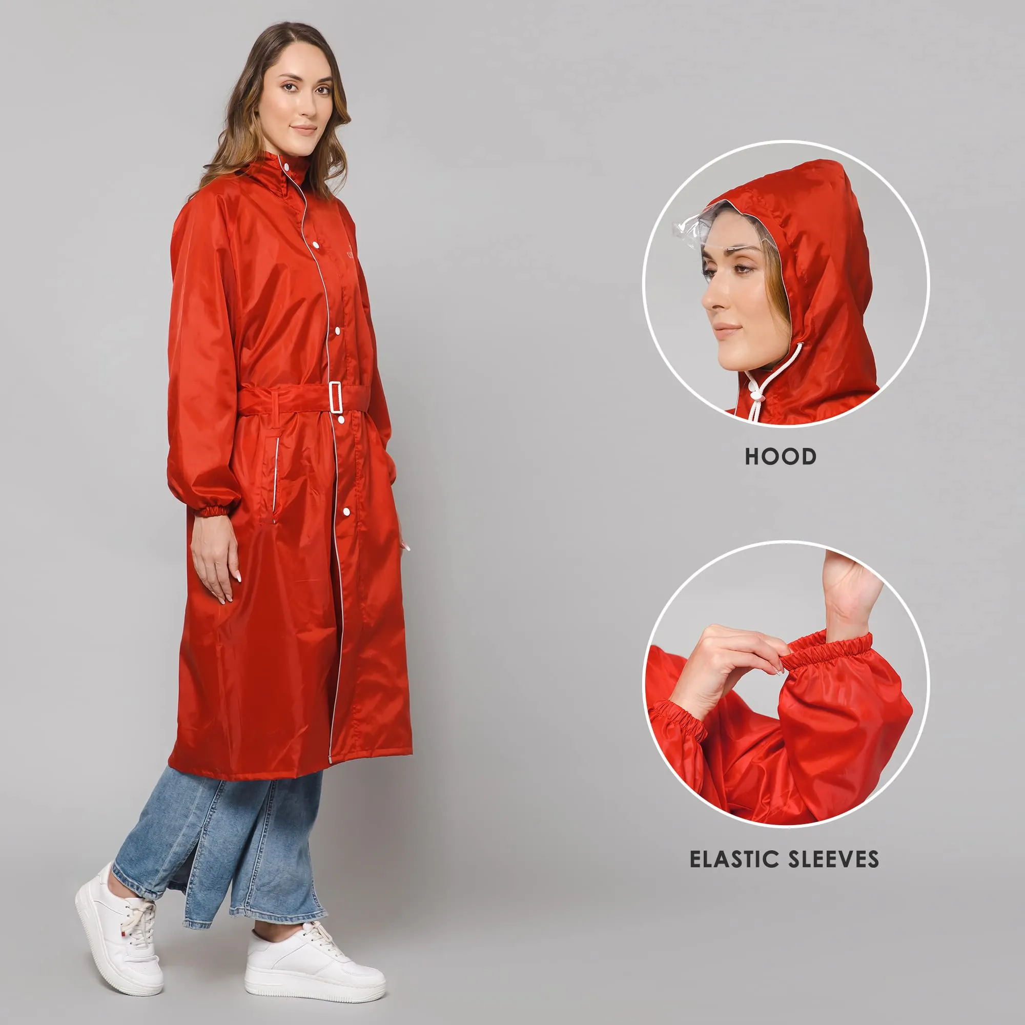 THE CLOWNFISH Polyester Raincoats For Women Rain Coat For Women Raincoat For Ladies Waterproof Reversible Double Layer. Drizzle Diva Series (Red, Large)