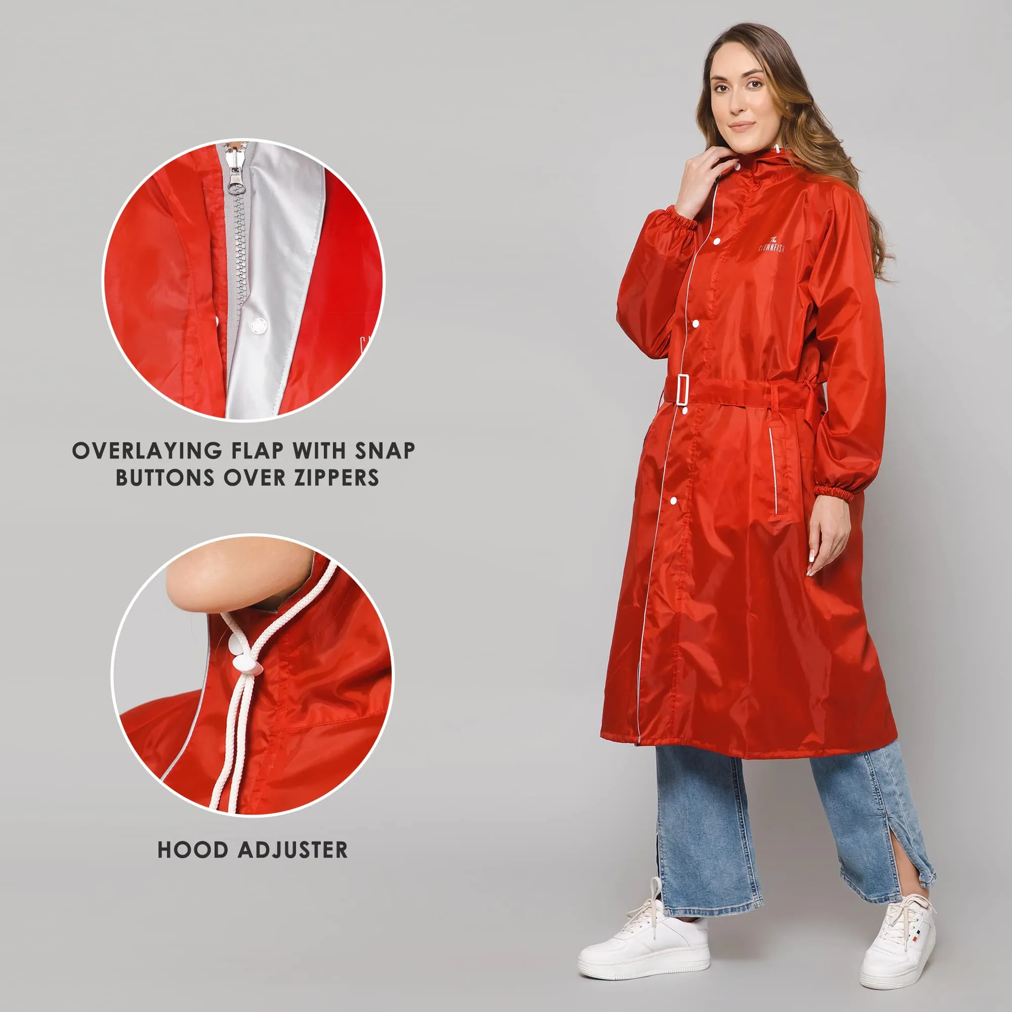 THE CLOWNFISH Polyester Raincoats For Women Rain Coat For Women Raincoat For Ladies Waterproof Reversible Double Layer. Drizzle Diva Series (Red, Large)