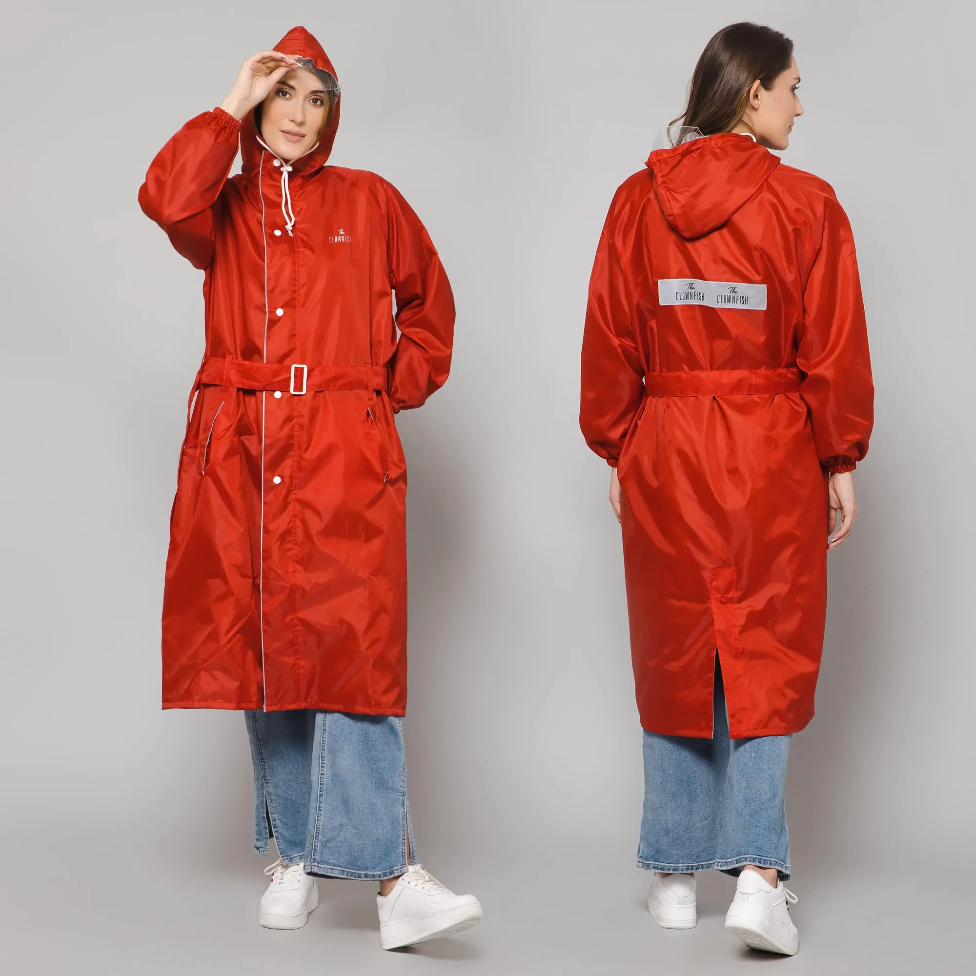 THE CLOWNFISH Polyester Raincoats For Women Rain Coat For Women Raincoat For Ladies Waterproof Reversible Double Layer. Drizzle Diva Series (Red, Large)