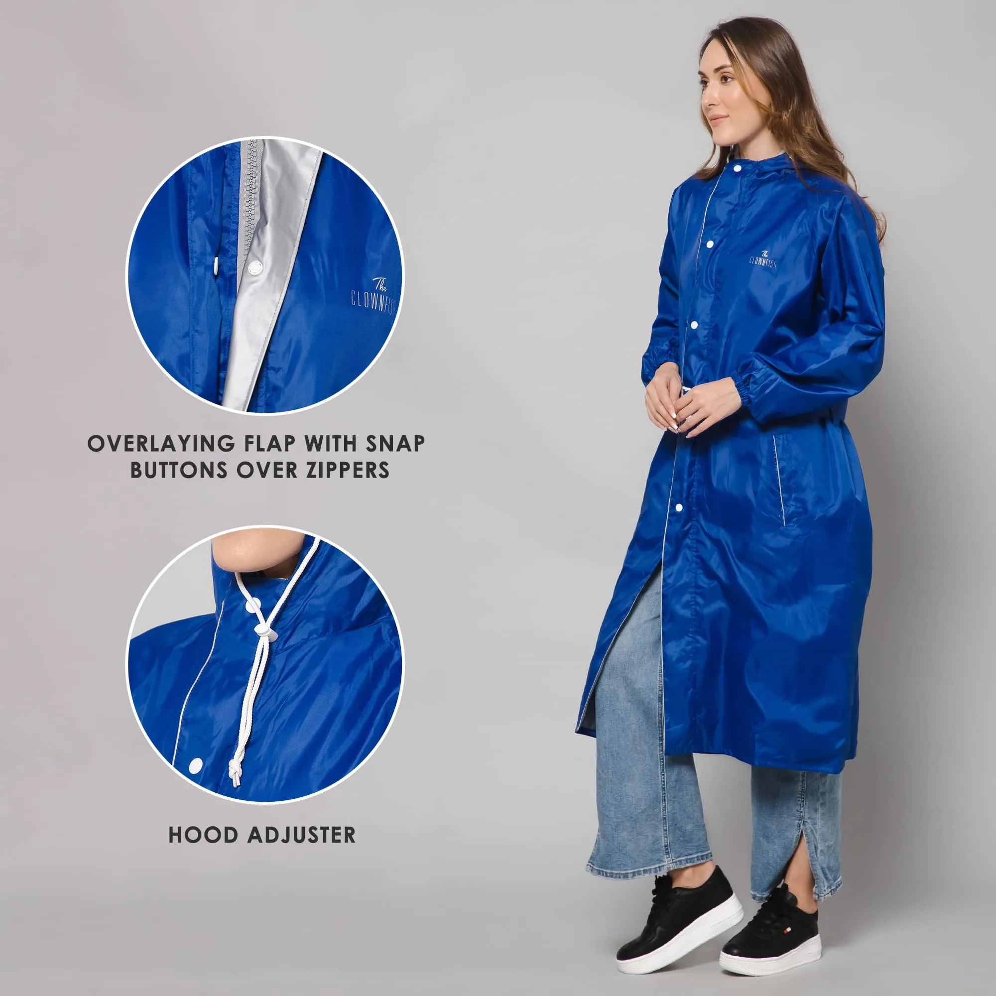 THE CLOWNFISH Polyester Raincoats For Women Raincoat For Ladies Waterproof Reversible Double Layer. Drizzle Diva Series (Royal Blue, Large)