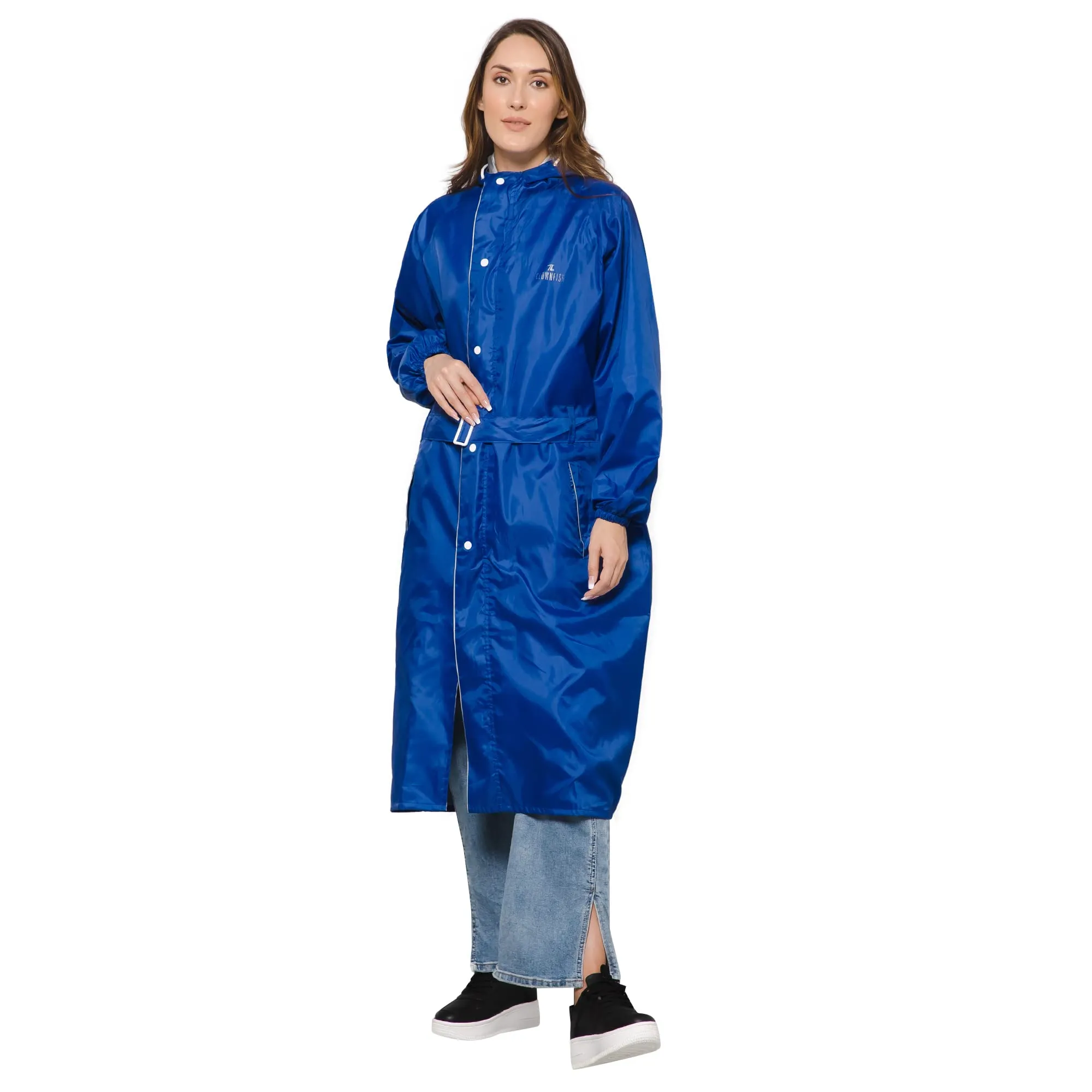 THE CLOWNFISH Polyester Raincoats For Women Raincoat For Ladies Waterproof Reversible Double Layer. Drizzle Diva Series (Royal Blue, Large)