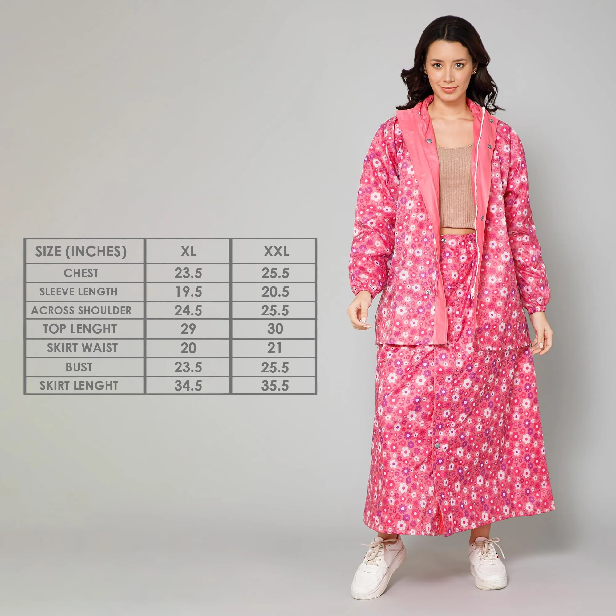 THE CLOWNFISH Polyester Waterproof Rain Coat For Women Skirt and Top Raincoat With Adjustable Hood and Front Pockets Rain Glam Series (Pink Floral, X-Large)