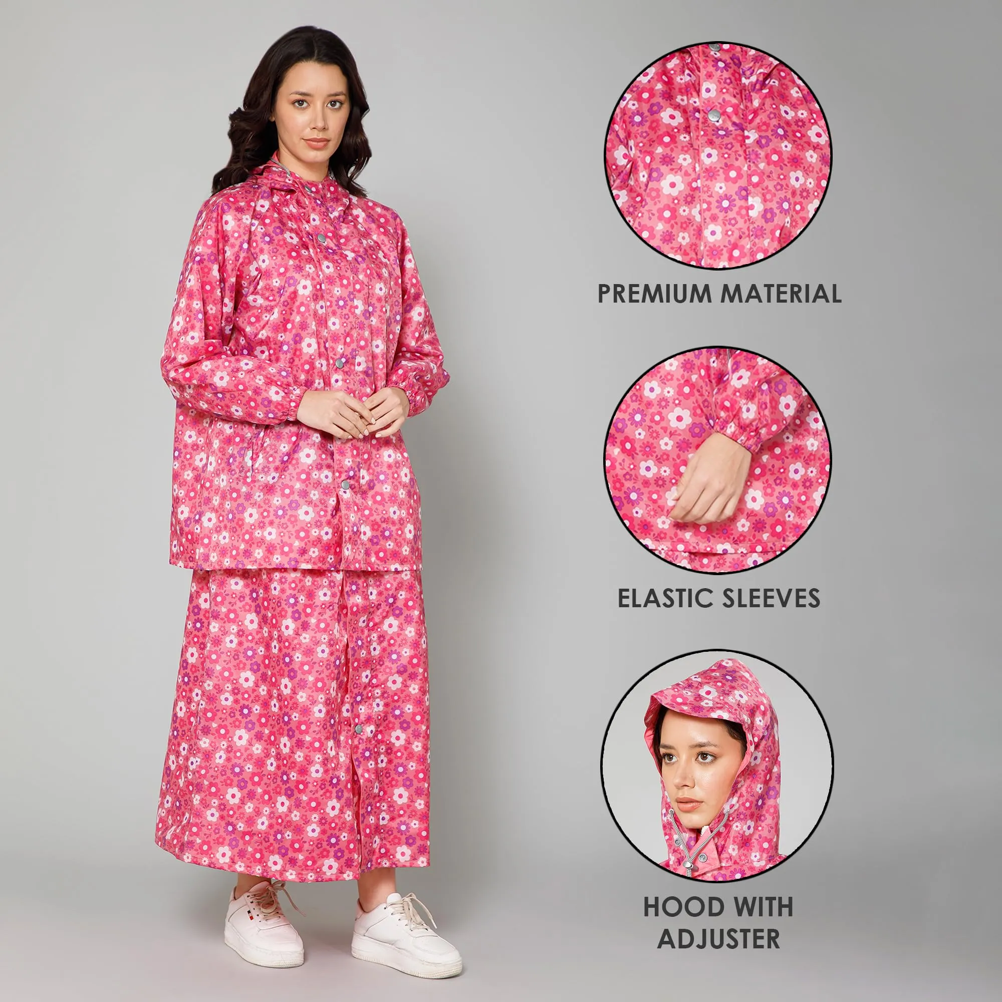 THE CLOWNFISH Polyester Waterproof Rain Coat For Women Skirt and Top Raincoat With Adjustable Hood and Front Pockets Rain Glam Series (Pink Floral, X-Large)