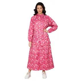 THE CLOWNFISH Polyester Waterproof Rain Coat For Women Skirt and Top Raincoat With Adjustable Hood and Front Pockets Rain Glam Series (Pink Floral, X-Large)