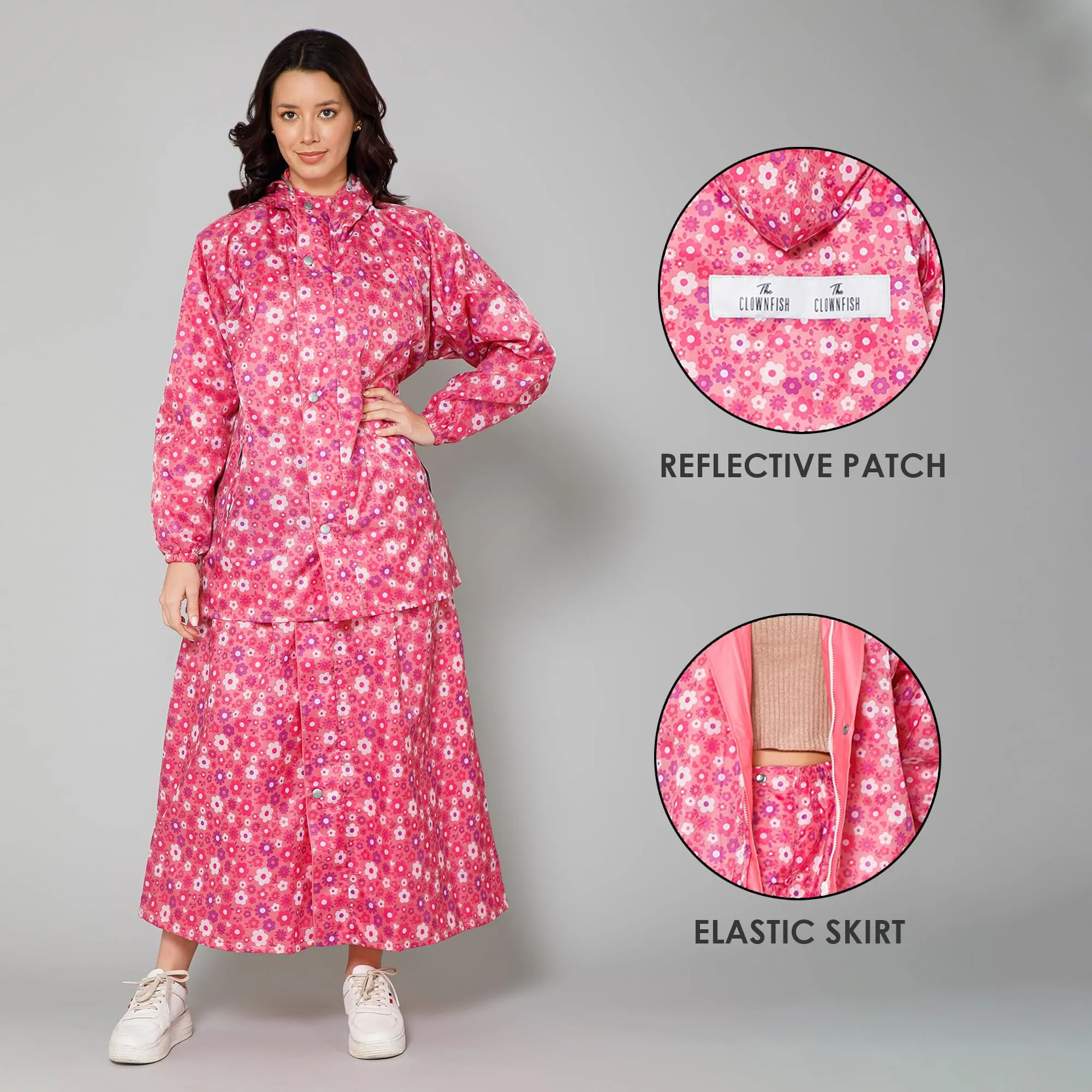 THE CLOWNFISH Polyester Waterproof Rain Coat For Women Skirt and Top Raincoat With Adjustable Hood and Front Pockets Rain Glam Series (Pink Floral, X-Large)