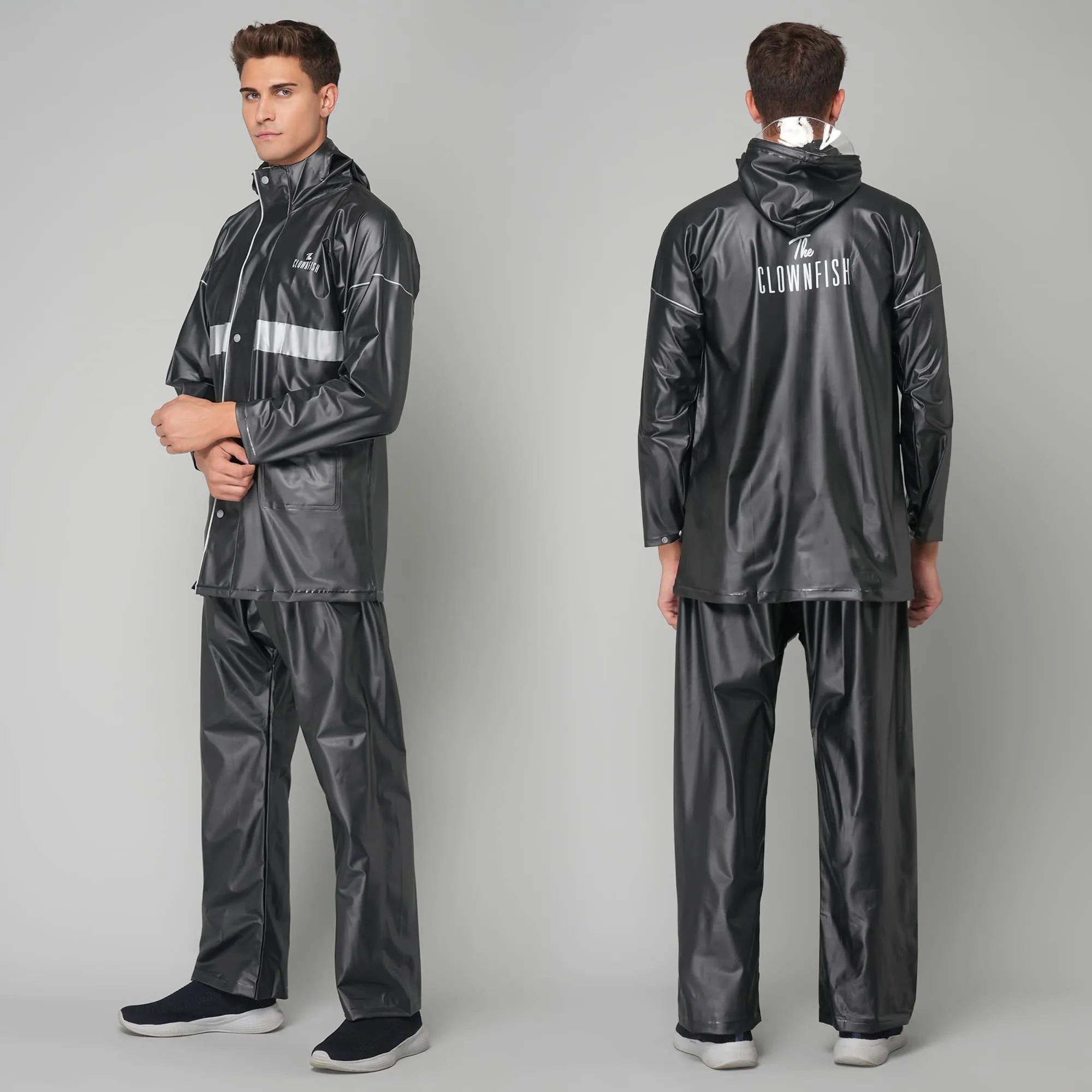 THE CLOWNFISH Rain Coat for Men Waterproof for Bike Raincoat for Men with Hood PVC Material. Set of Top and Bottom. Azure Pro Series (Black, XX-Large)