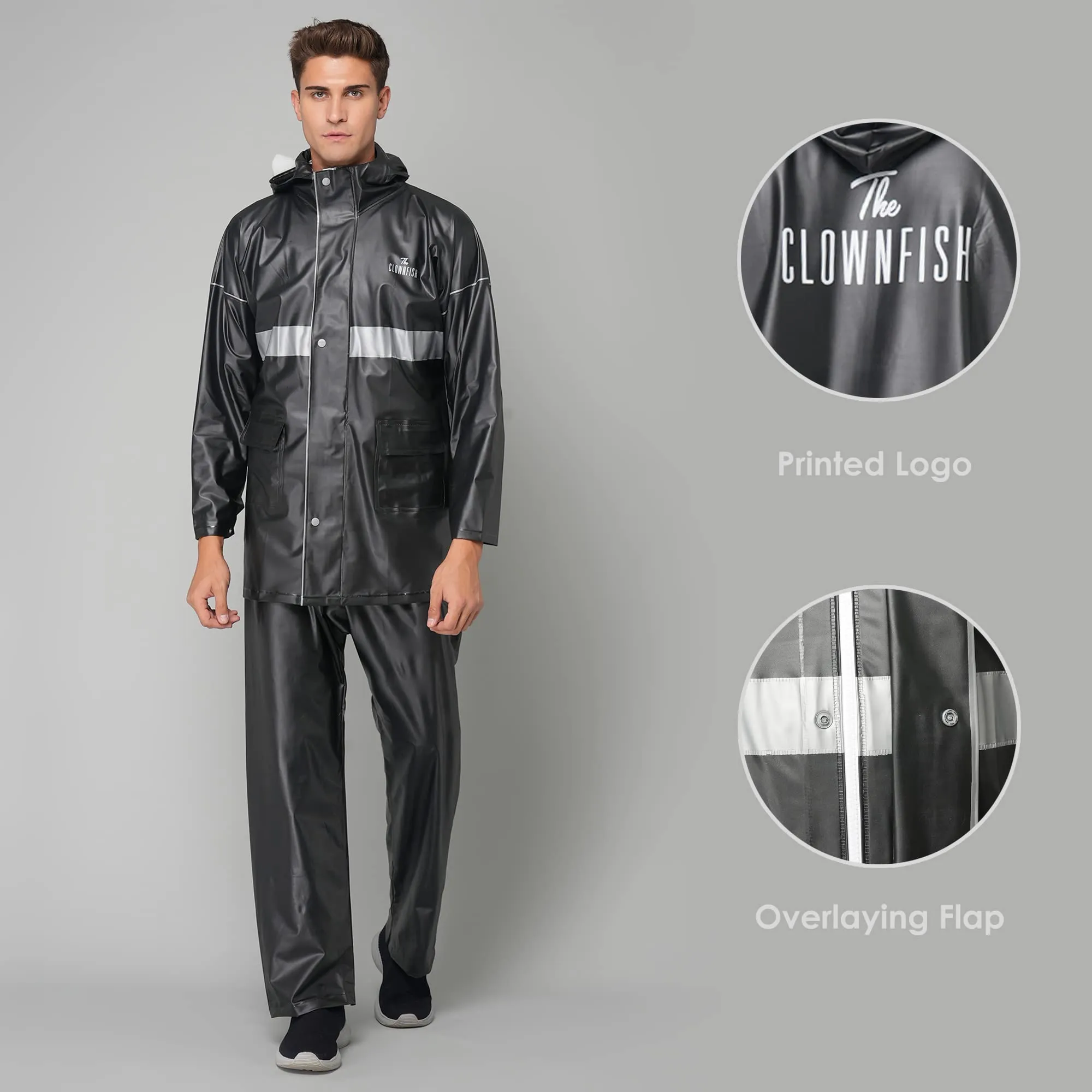 THE CLOWNFISH Rain Coat for Men Waterproof for Bike Raincoat for Men with Hood PVC Material. Set of Top and Bottom. Azure Pro Series (Black, XX-Large)