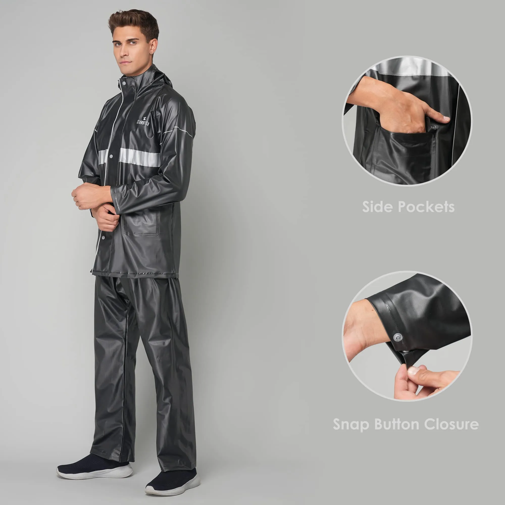 THE CLOWNFISH Rain Coat for Men Waterproof for Bike Raincoat for Men with Hood PVC Material. Set of Top and Bottom. Azure Pro Series (Black, XX-Large)