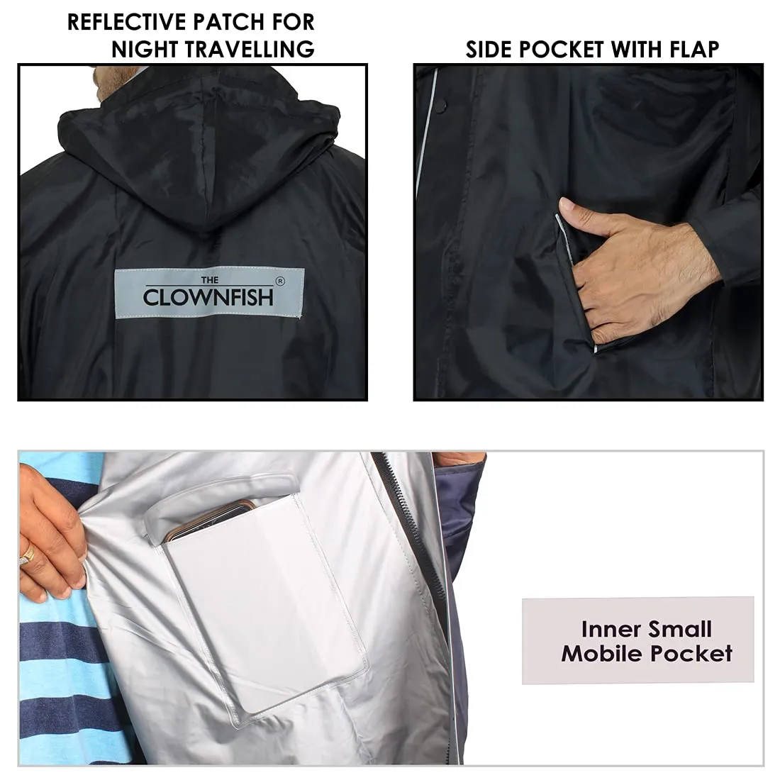 THE CLOWNFISH Rain Coat for Men Waterproof for Bike Reversible Double Layer with Hood Raincoat for Men. Set of Top and Bottom Packed in a Storage Bag (Prime Black,Large)