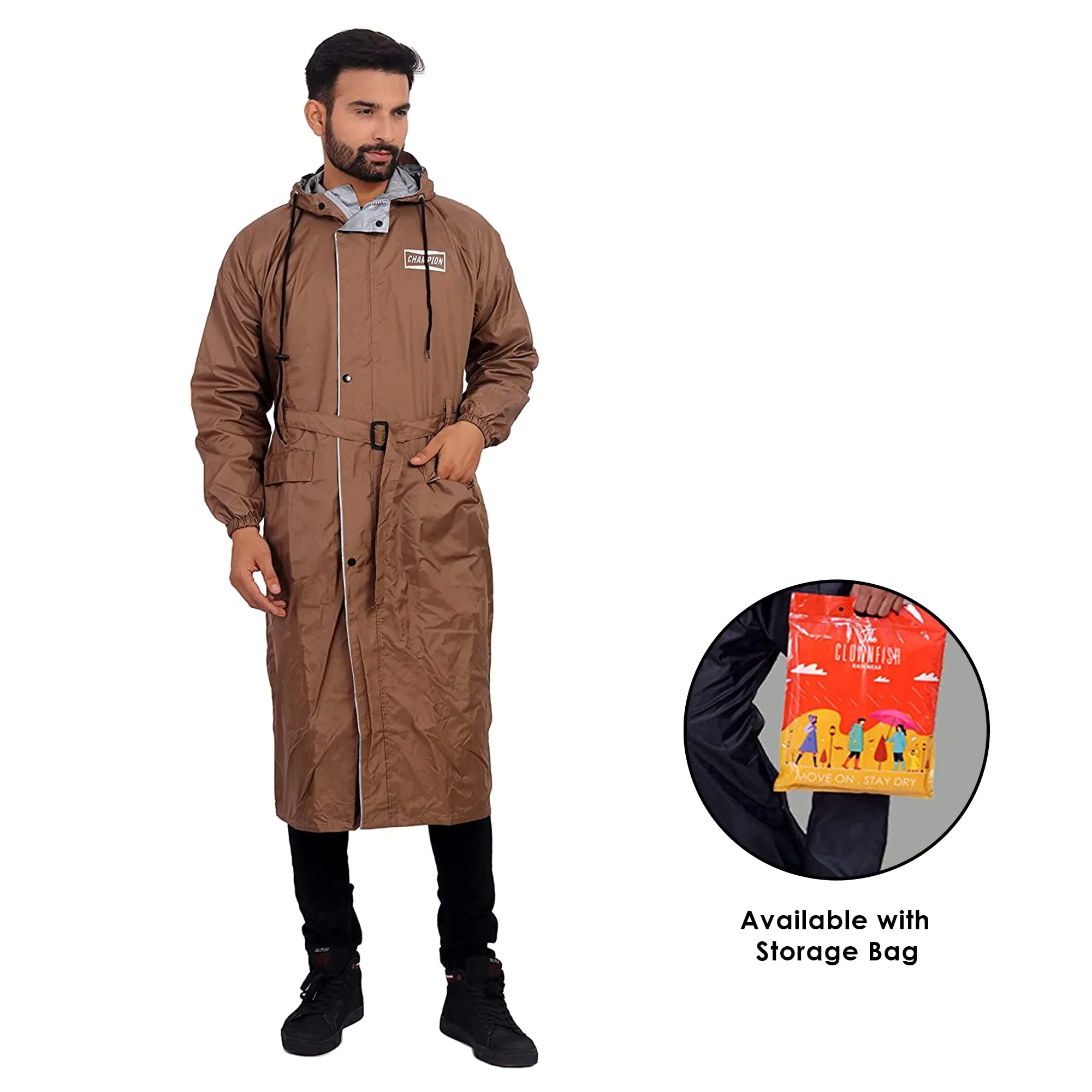 THE CLOWNFISH Rain Coat for Men Waterproof Raincoat Nylon Reversible Double Layer Longcoat For Men Bike Rain Suit Rain Jacket Suit Inner Mobile Pocket with Storage Bag (Brown Free Size)