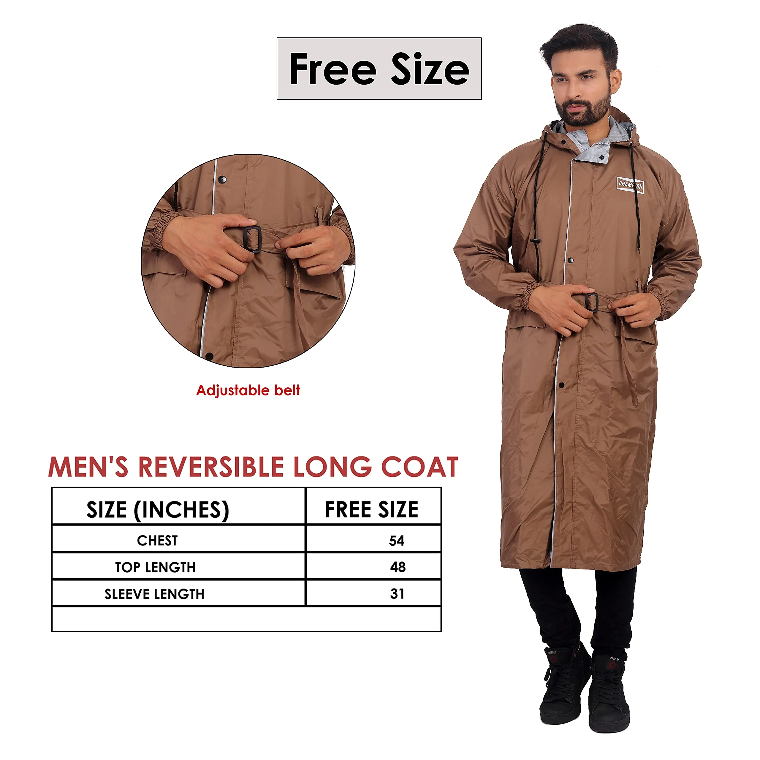 THE CLOWNFISH Rain Coat for Men Waterproof Raincoat Nylon Reversible Double Layer Longcoat For Men Bike Rain Suit Rain Jacket Suit Inner Mobile Pocket with Storage Bag (Brown Free Size)