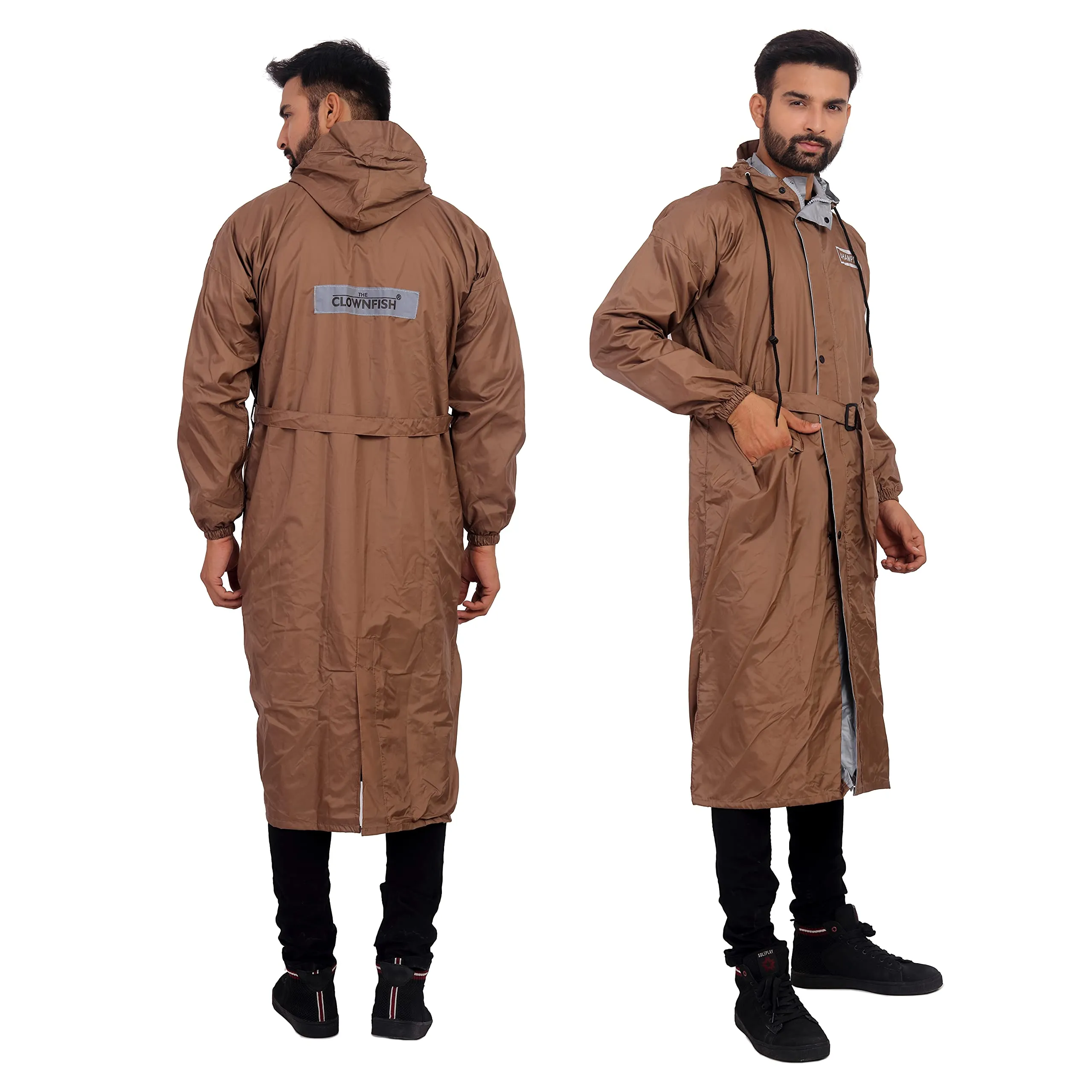 THE CLOWNFISH Rain Coat for Men Waterproof Raincoat Nylon Reversible Double Layer Longcoat For Men Bike Rain Suit Rain Jacket Suit Inner Mobile Pocket with Storage Bag (Brown Free Size)