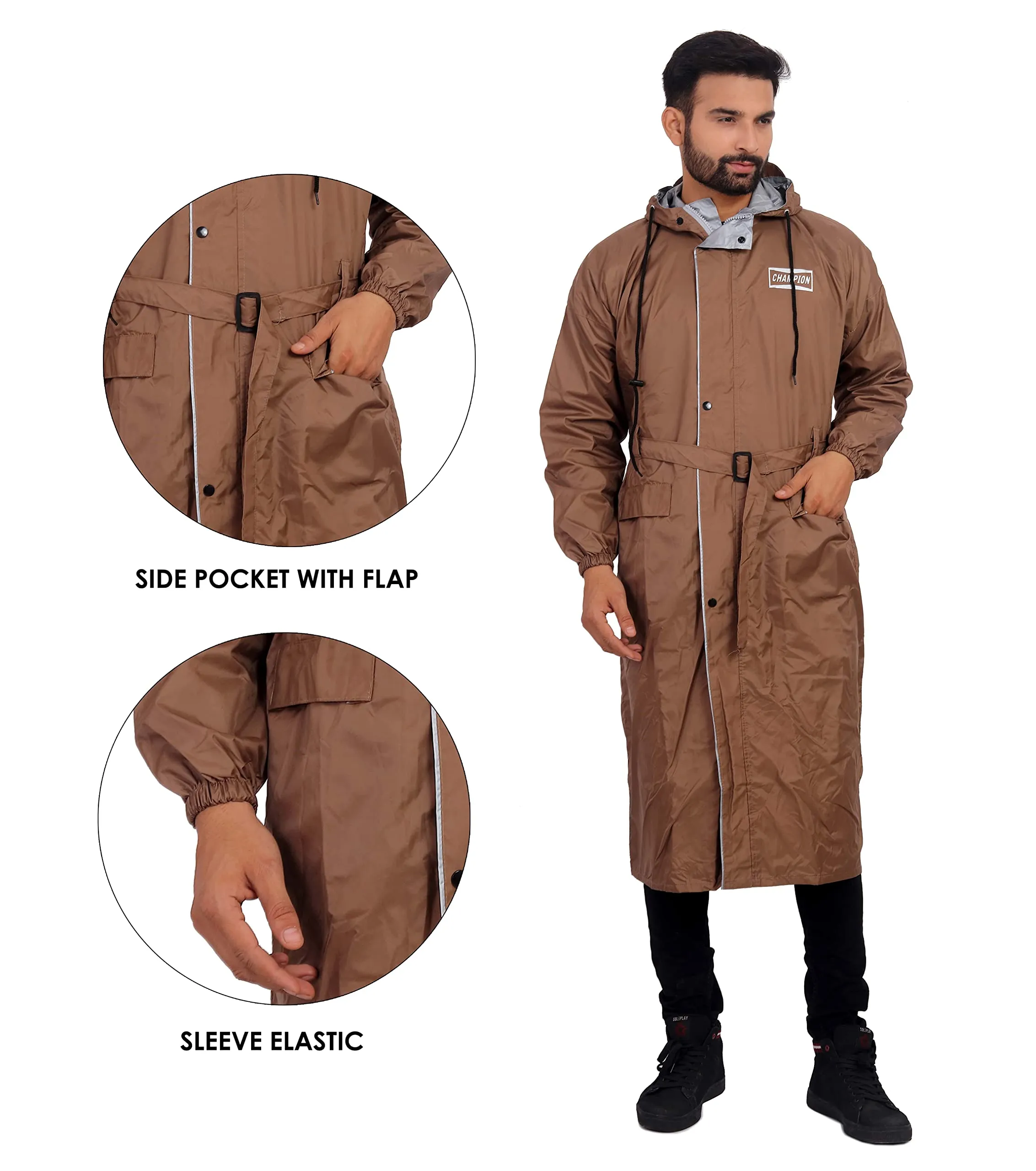 THE CLOWNFISH Rain Coat for Men Waterproof Raincoat Nylon Reversible Double Layer Longcoat For Men Bike Rain Suit Rain Jacket Suit Inner Mobile Pocket with Storage Bag (Brown Free Size)