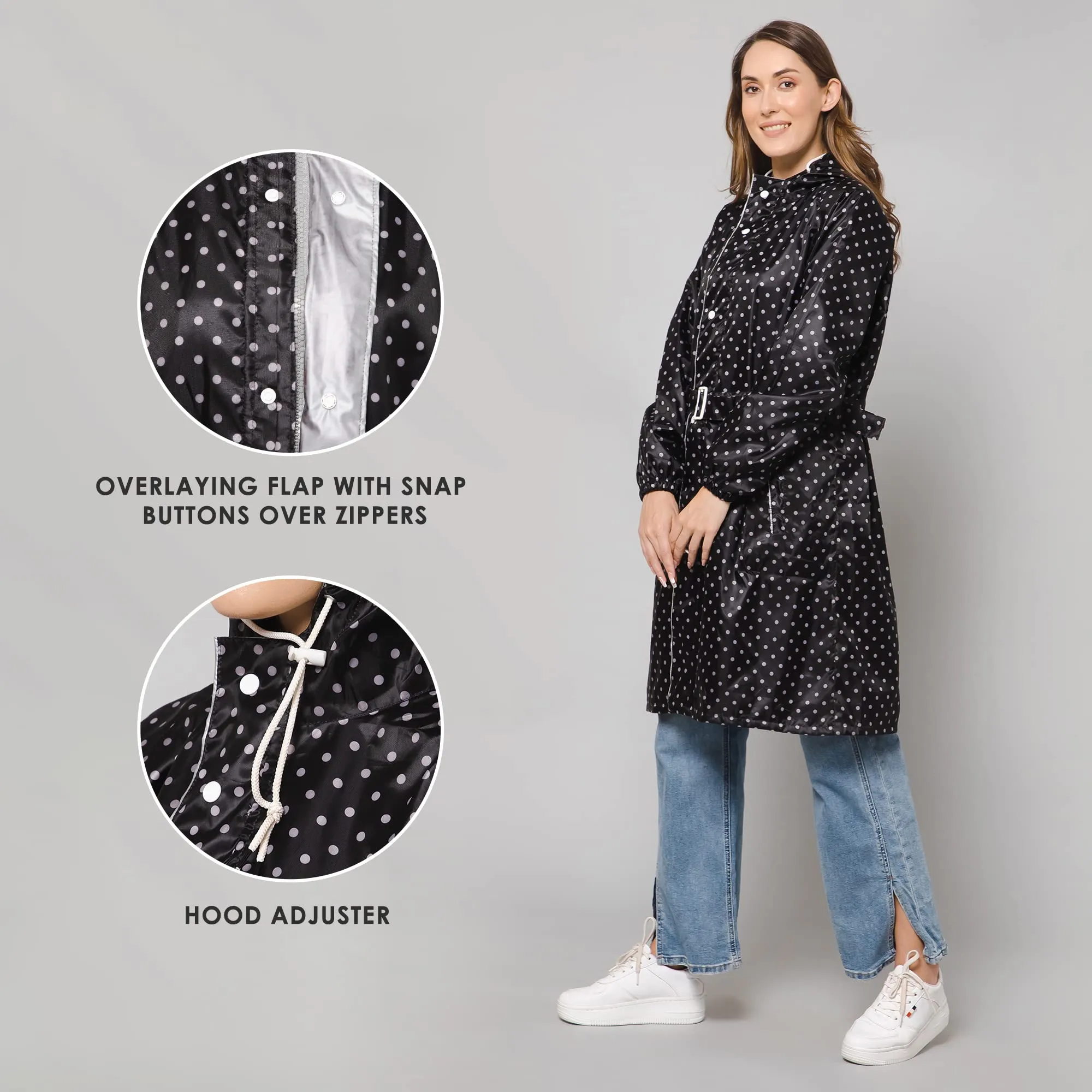 THE CLOWNFISH Raincoats for Women Rain Coat for Women Longcoat Raincoat for Ladies Waterproof Reversible Double Layer. Dotty Delight Series (Black, XXXX-Large)