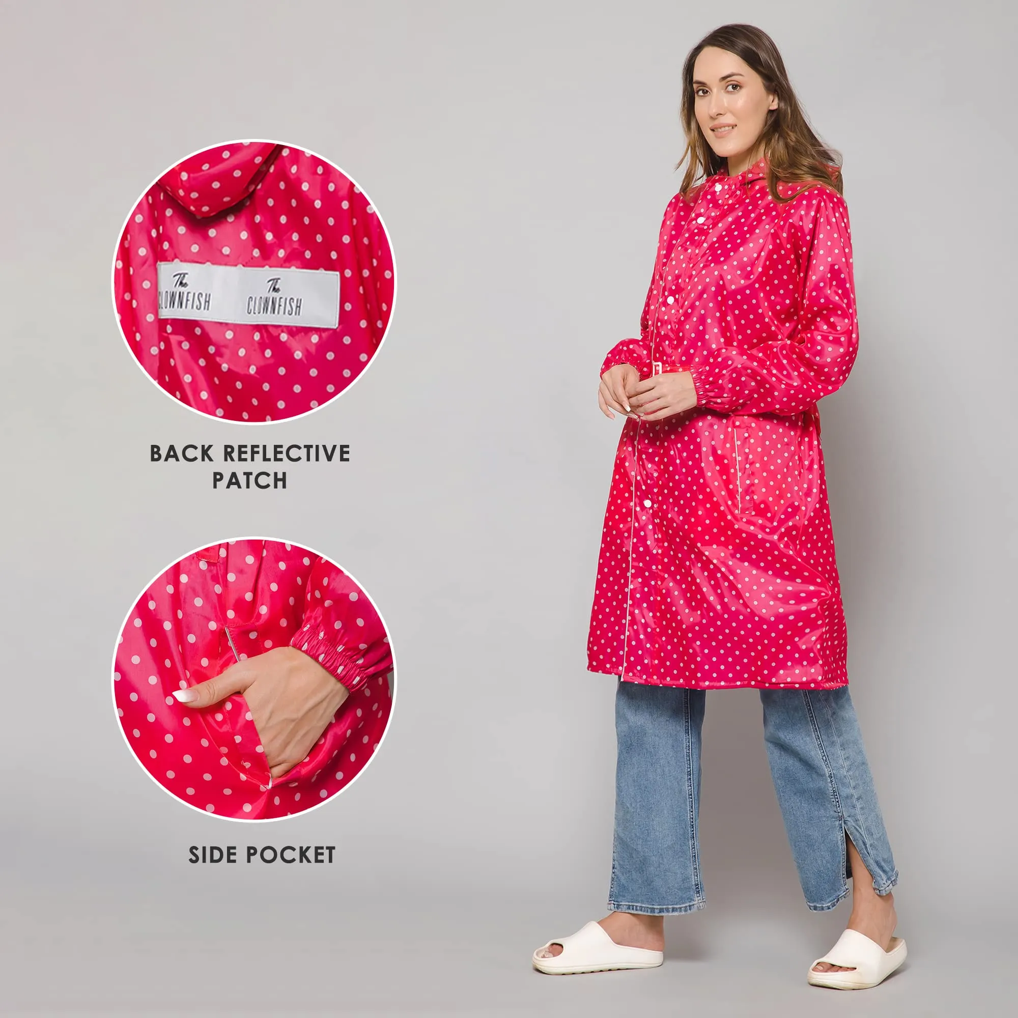 THE CLOWNFISH Raincoats for Women Rain Coat for Women Longcoat Raincoat for Ladies Waterproof Reversible Double Layer. Dotty Delight Series (Dark Pink, Large)