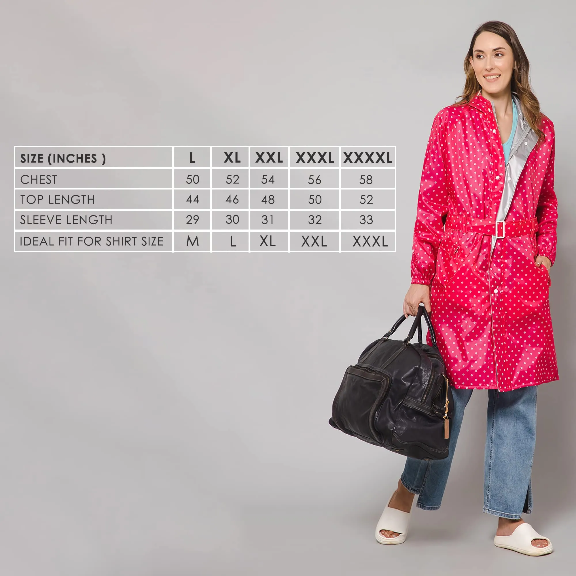 THE CLOWNFISH Raincoats for Women Rain Coat for Women Longcoat Raincoat for Ladies Waterproof Reversible Double Layer. Dotty Delight Series (Dark Pink, Large)