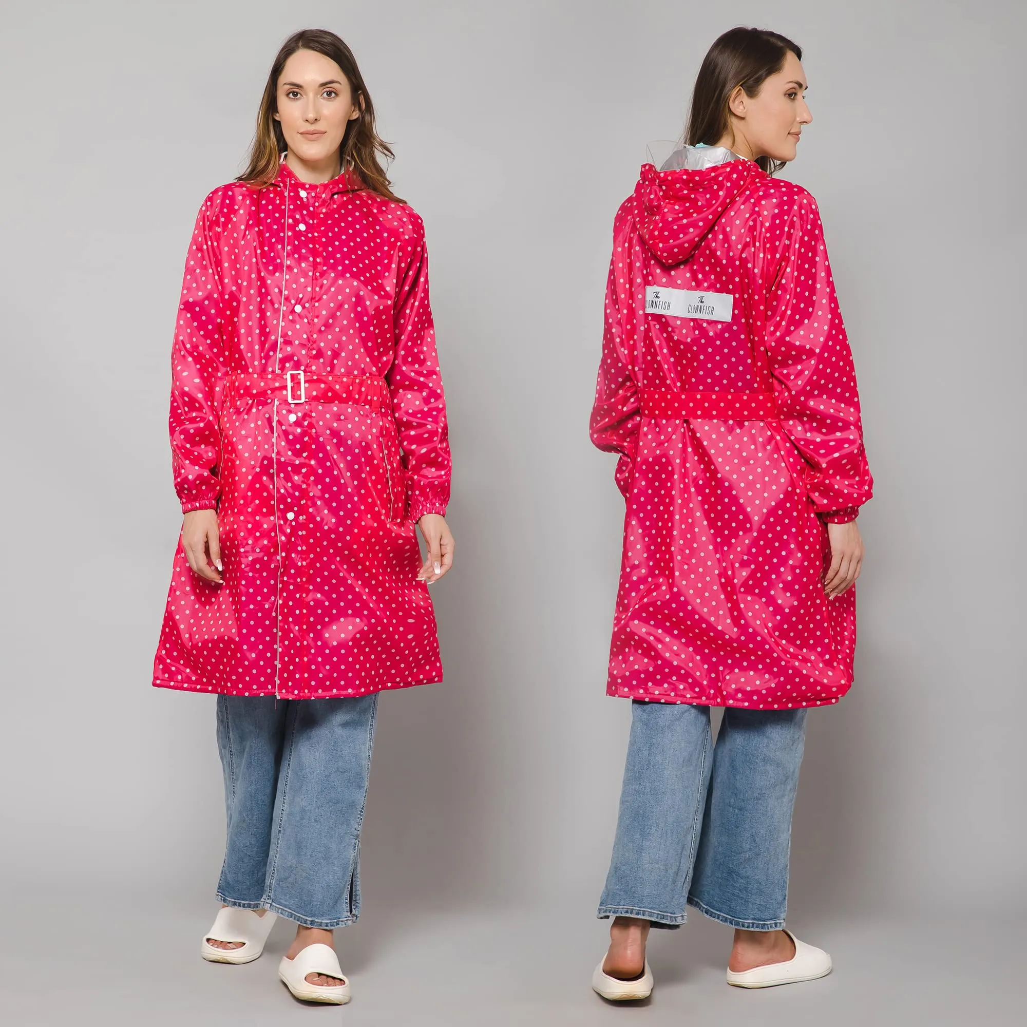 THE CLOWNFISH Raincoats for Women Rain Coat for Women Longcoat Raincoat for Ladies Waterproof Reversible Double Layer. Dotty Delight Series (Dark Pink, Large)