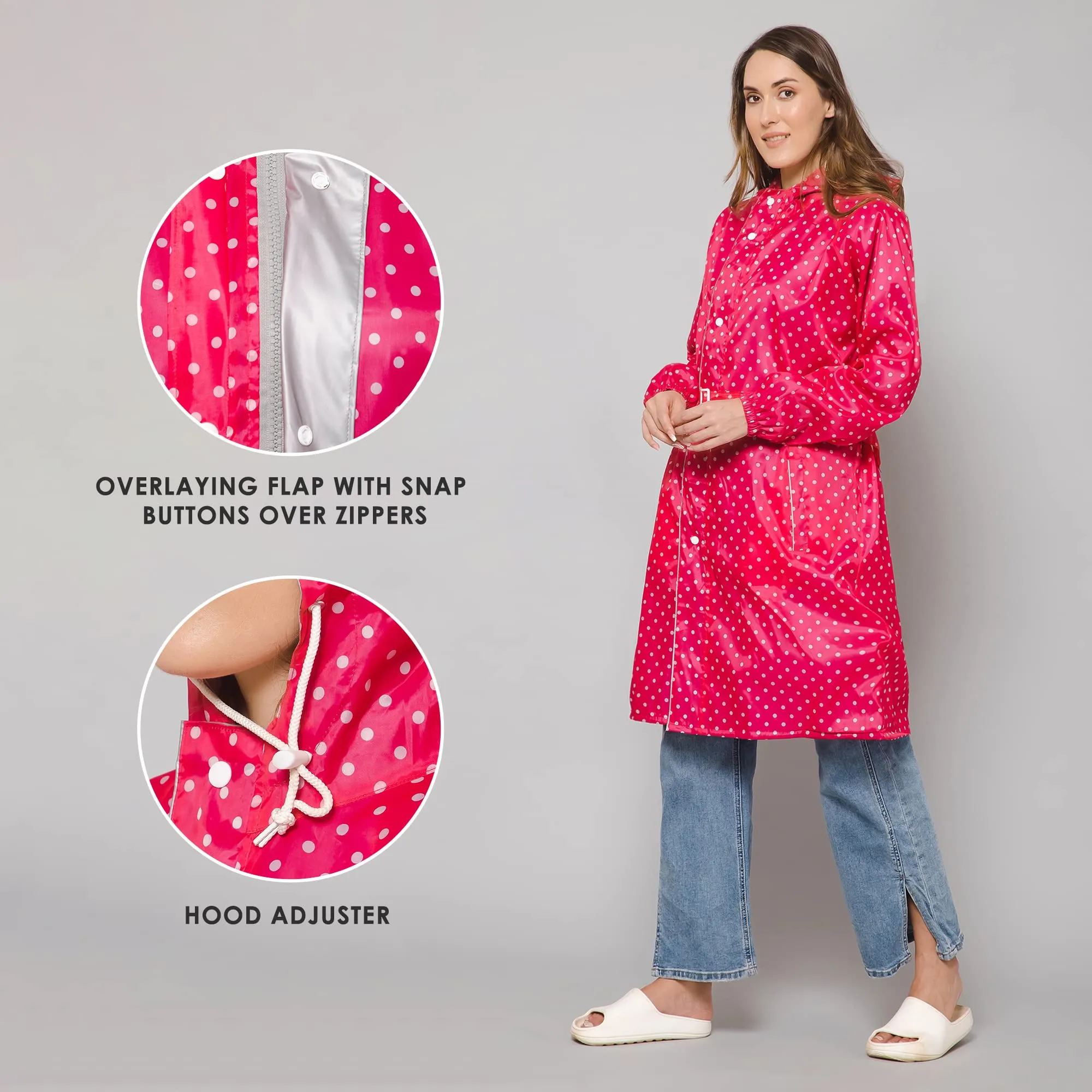 THE CLOWNFISH Raincoats for Women Rain Coat for Women Longcoat Raincoat for Ladies Waterproof Reversible Double Layer. Dotty Delight Series (Dark Pink, Large)