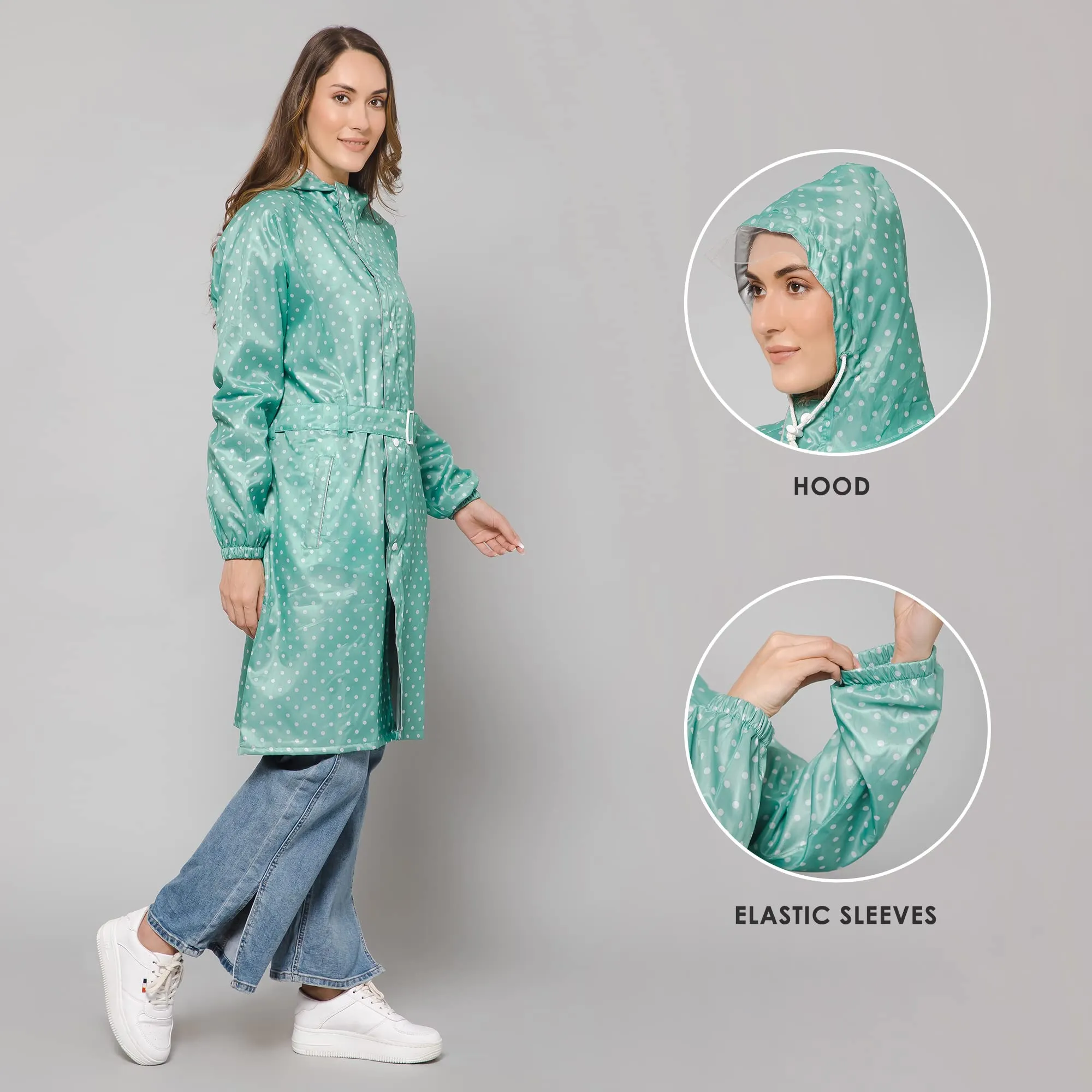 THE CLOWNFISH Raincoats for Women Rain Coat for Women Longcoat Raincoat for Ladies Waterproof Reversible Double Layer. Dotty Delight Series (Green, Large)