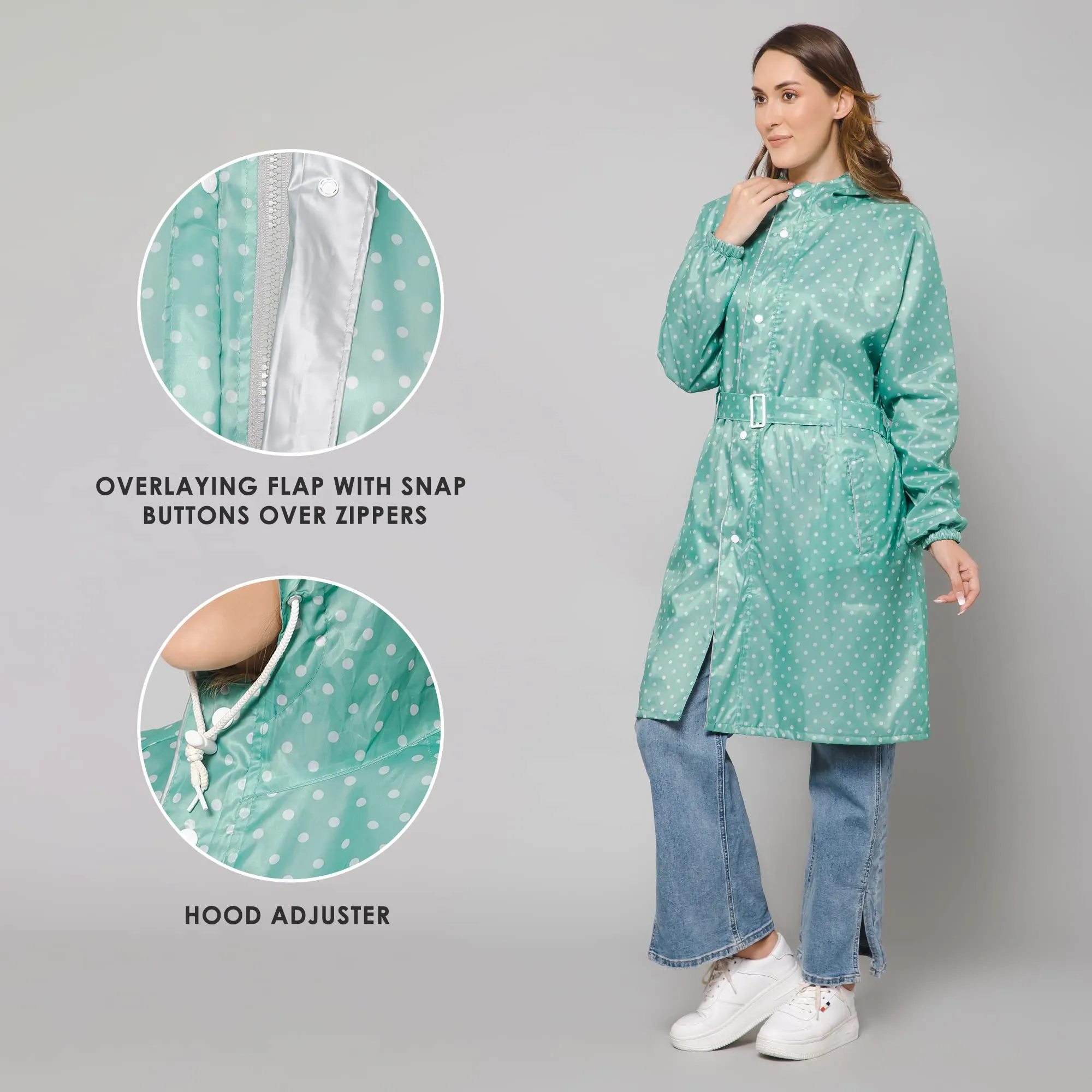 THE CLOWNFISH Raincoats for Women Rain Coat for Women Longcoat Raincoat for Ladies Waterproof Reversible Double Layer. Dotty Delight Series (Green, Large)