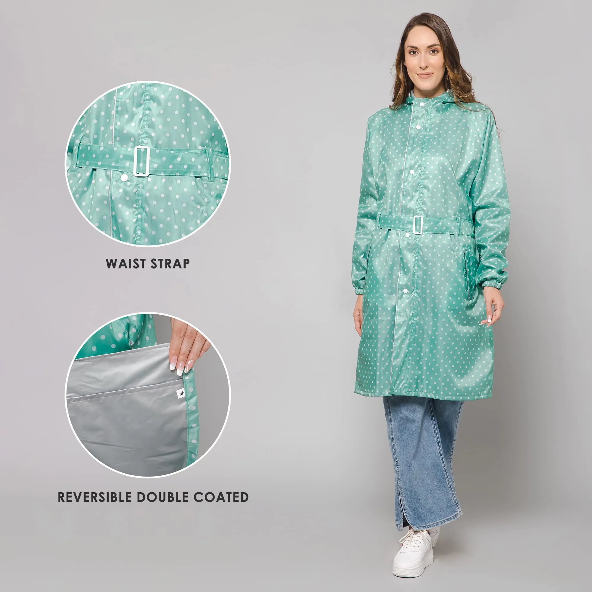 THE CLOWNFISH Raincoats for Women Rain Coat for Women Longcoat Raincoat for Ladies Waterproof Reversible Double Layer. Dotty Delight Series (Green, Large)