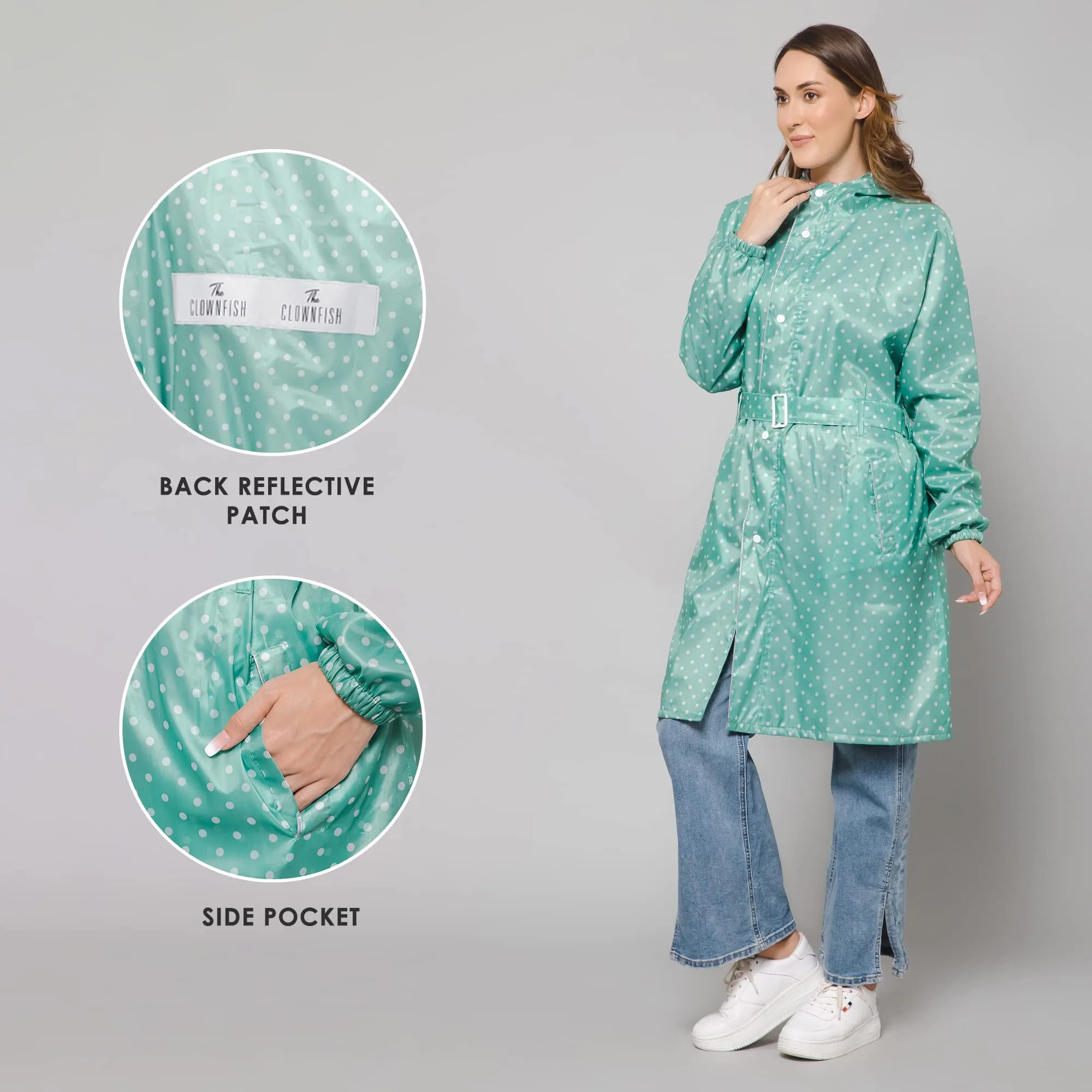 THE CLOWNFISH Raincoats for Women Rain Coat for Women Longcoat Raincoat for Ladies Waterproof Reversible Double Layer. Dotty Delight Series (Green, Large)