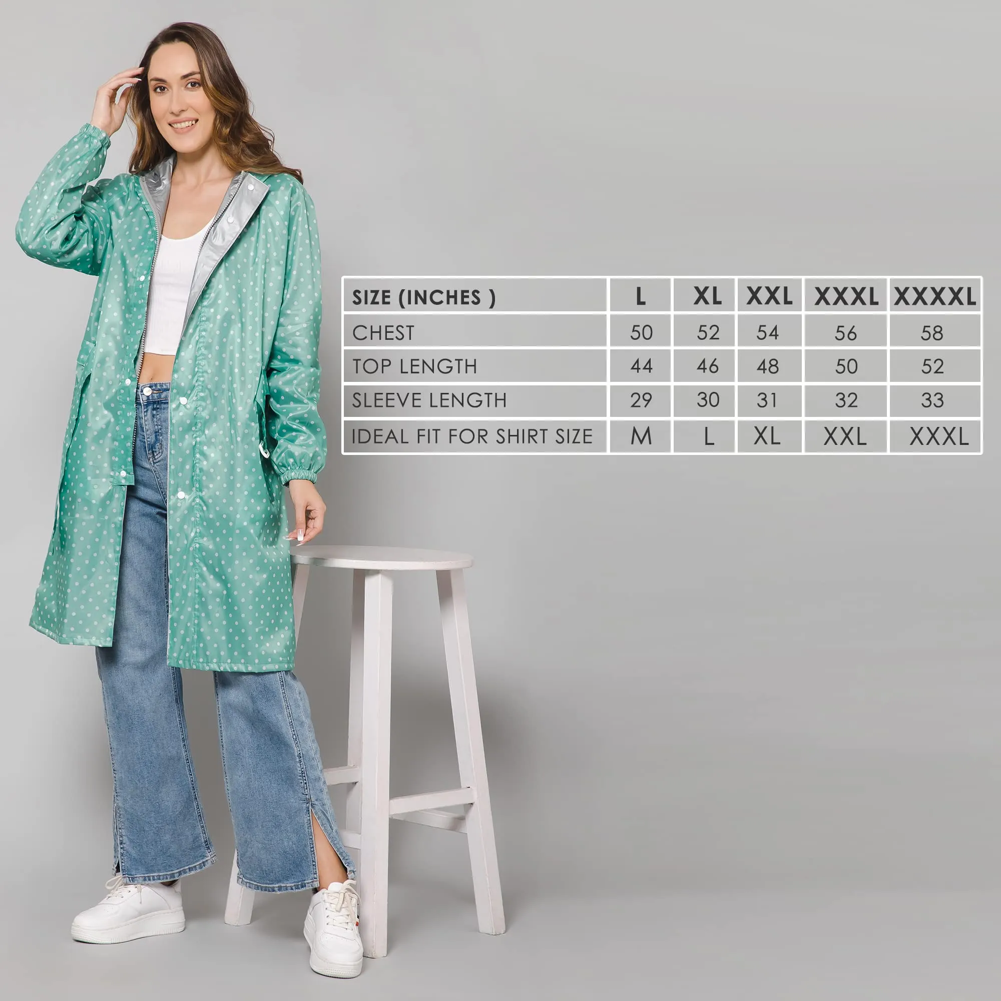 THE CLOWNFISH Raincoats for Women Rain Coat for Women Longcoat Raincoat for Ladies Waterproof Reversible Double Layer. Dotty Delight Series (Green, Large)