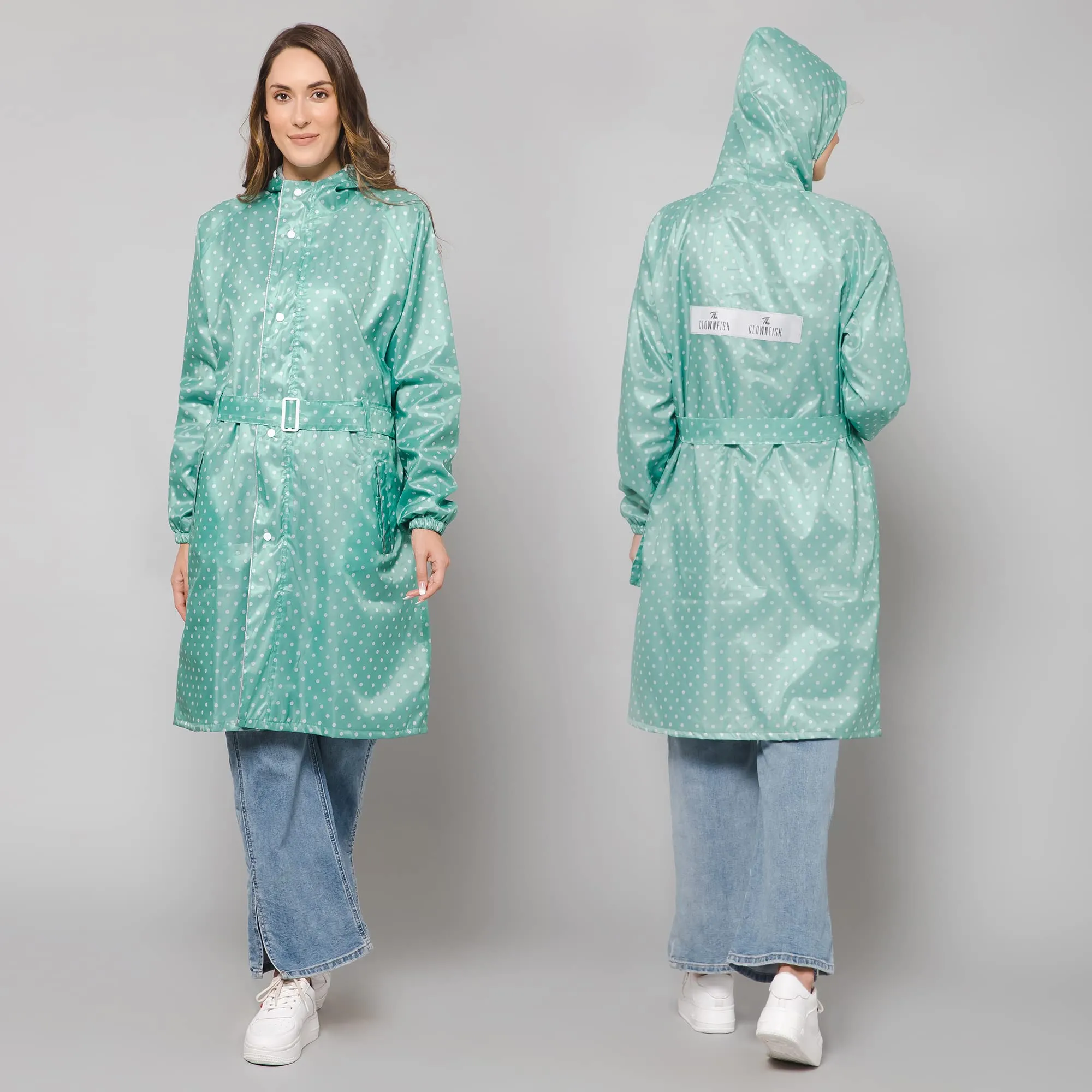 THE CLOWNFISH Raincoats for Women Rain Coat for Women Longcoat Raincoat for Ladies Waterproof Reversible Double Layer. Dotty Delight Series (Green, Large)