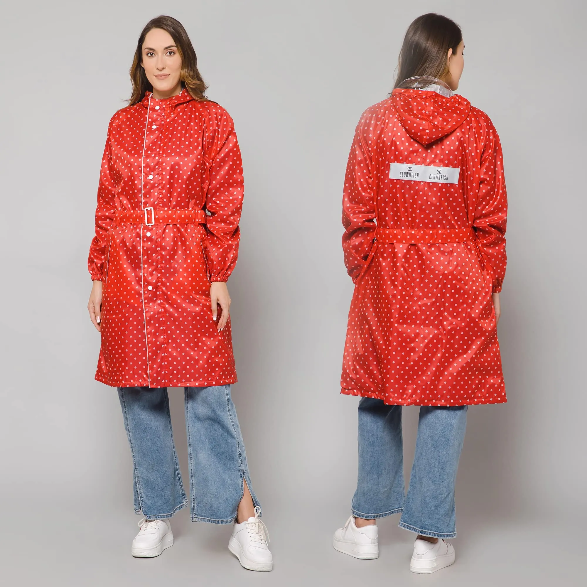 THE CLOWNFISH Raincoats for Women Rain Coat for Women Longcoat Raincoat for Ladies Waterproof Reversible Double Layer. Dotty Delight Series (Red, XXX-Large)