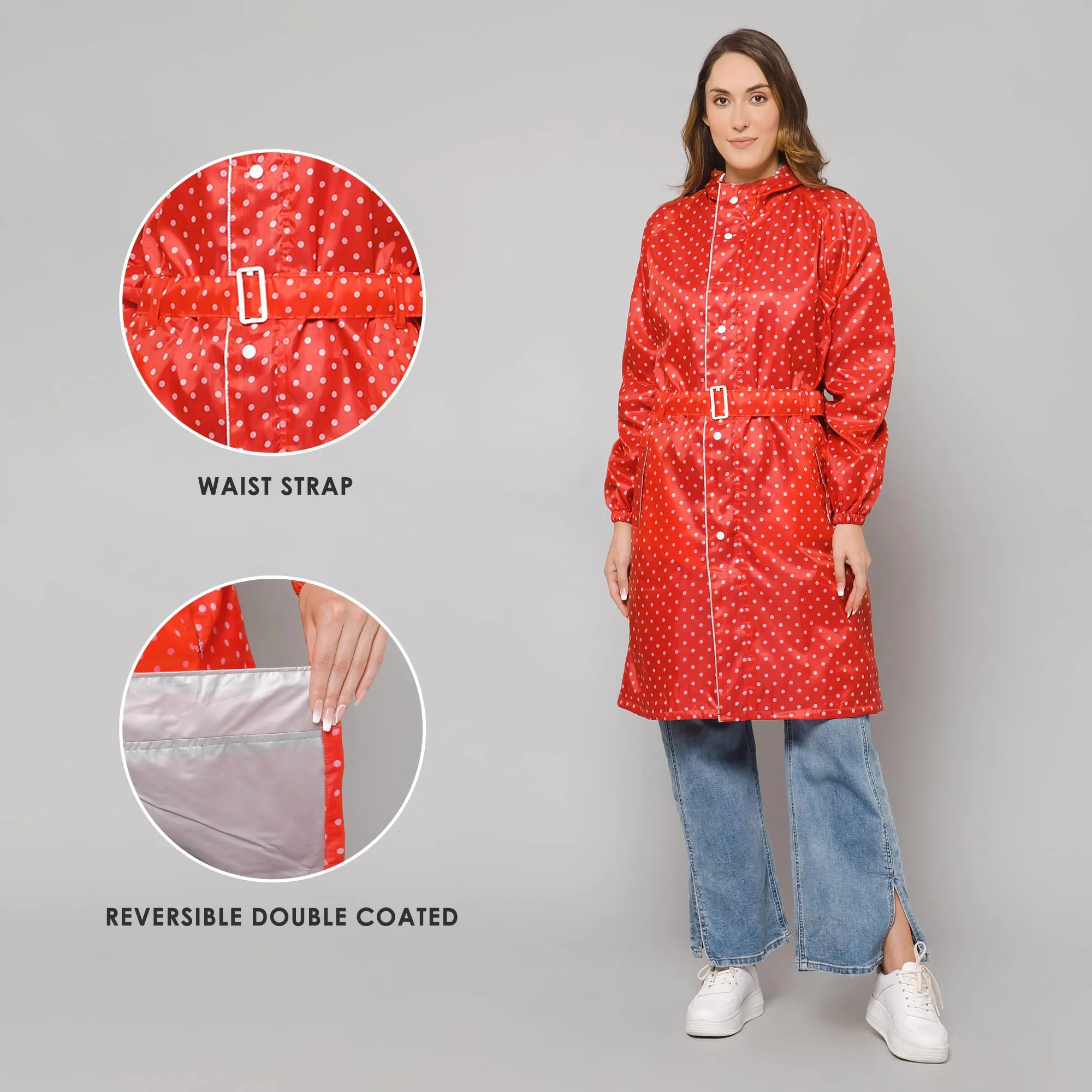 THE CLOWNFISH Raincoats for Women Rain Coat for Women Longcoat Raincoat for Ladies Waterproof Reversible Double Layer. Dotty Delight Series (Red, XXX-Large)