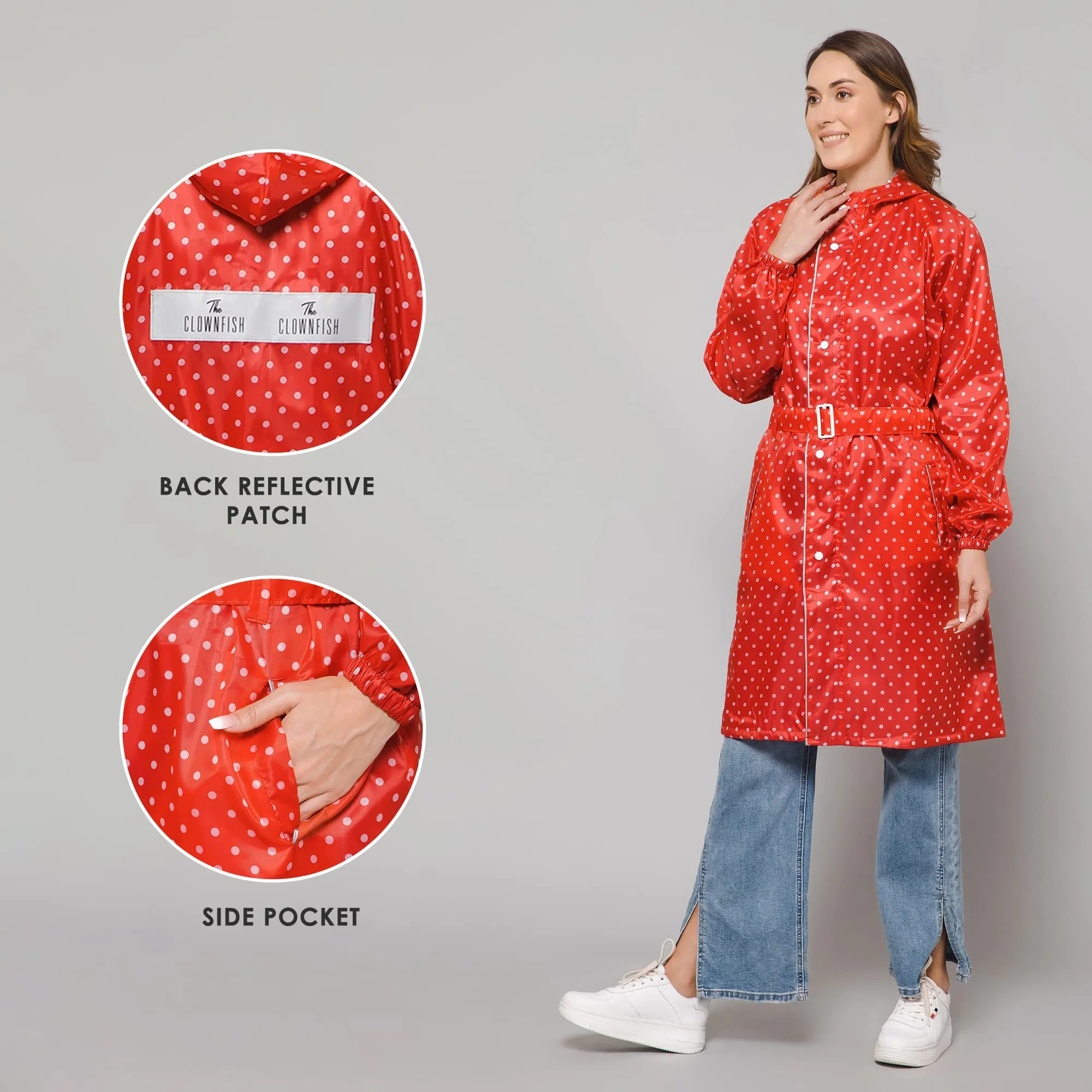 THE CLOWNFISH Raincoats for Women Rain Coat for Women Longcoat Raincoat for Ladies Waterproof Reversible Double Layer. Dotty Delight Series (Red, XXX-Large)