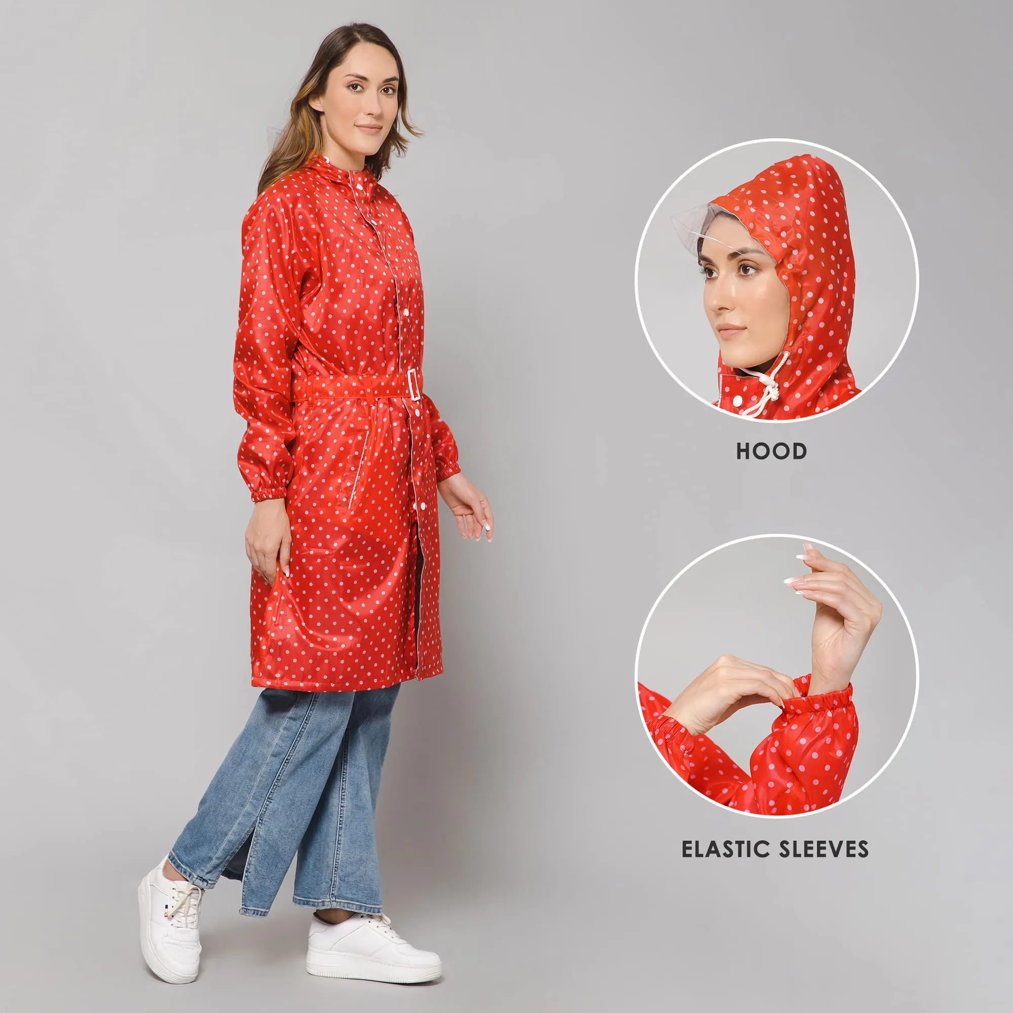 THE CLOWNFISH Raincoats for Women Rain Coat for Women Longcoat Raincoat for Ladies Waterproof Reversible Double Layer. Dotty Delight Series (Red, XXX-Large)