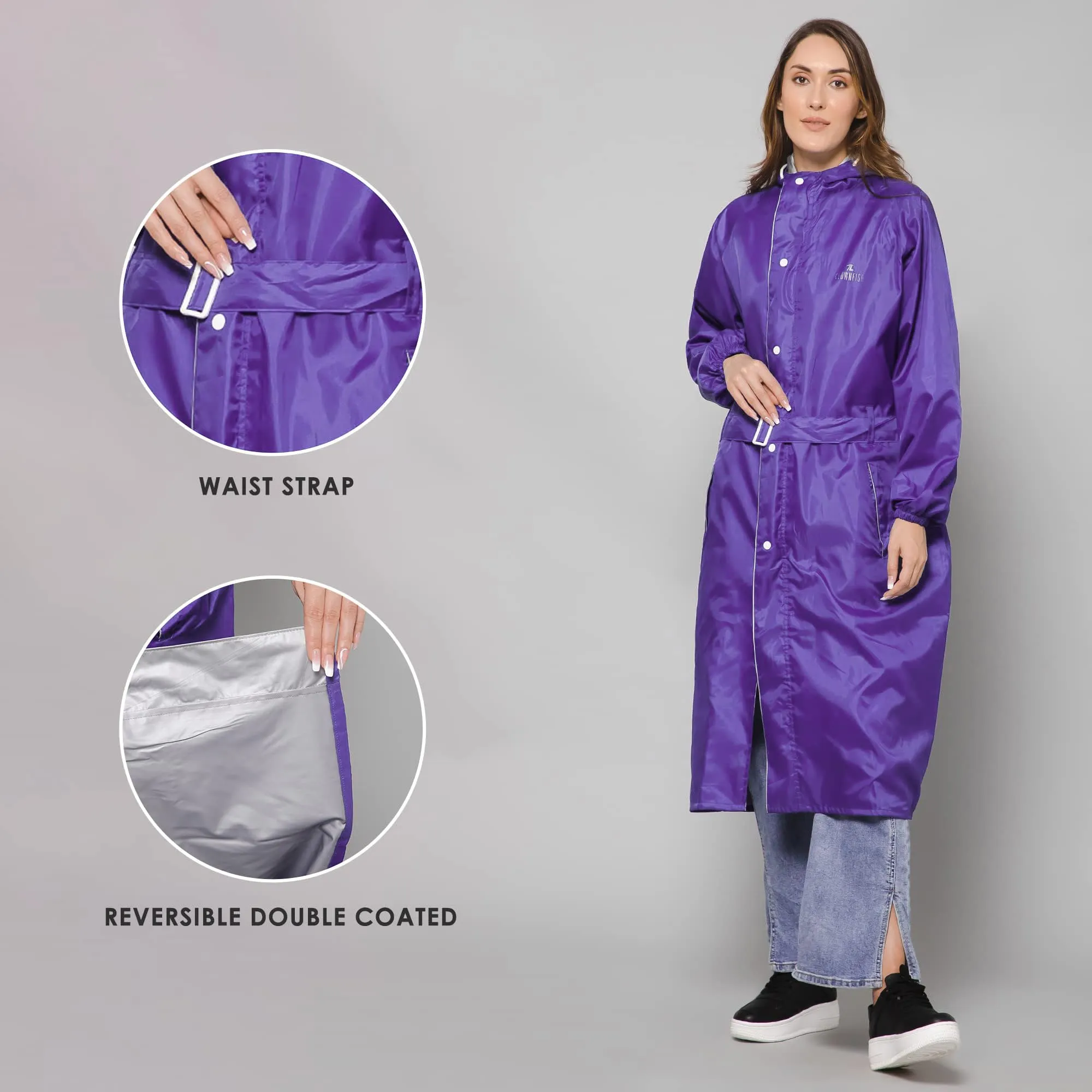 THE CLOWNFISH Raincoats for Women Rain Coat for Women Raincoat for Ladies Waterproof Reversible Double Layer. Drizzle Diva Series (Purple, X-Large)