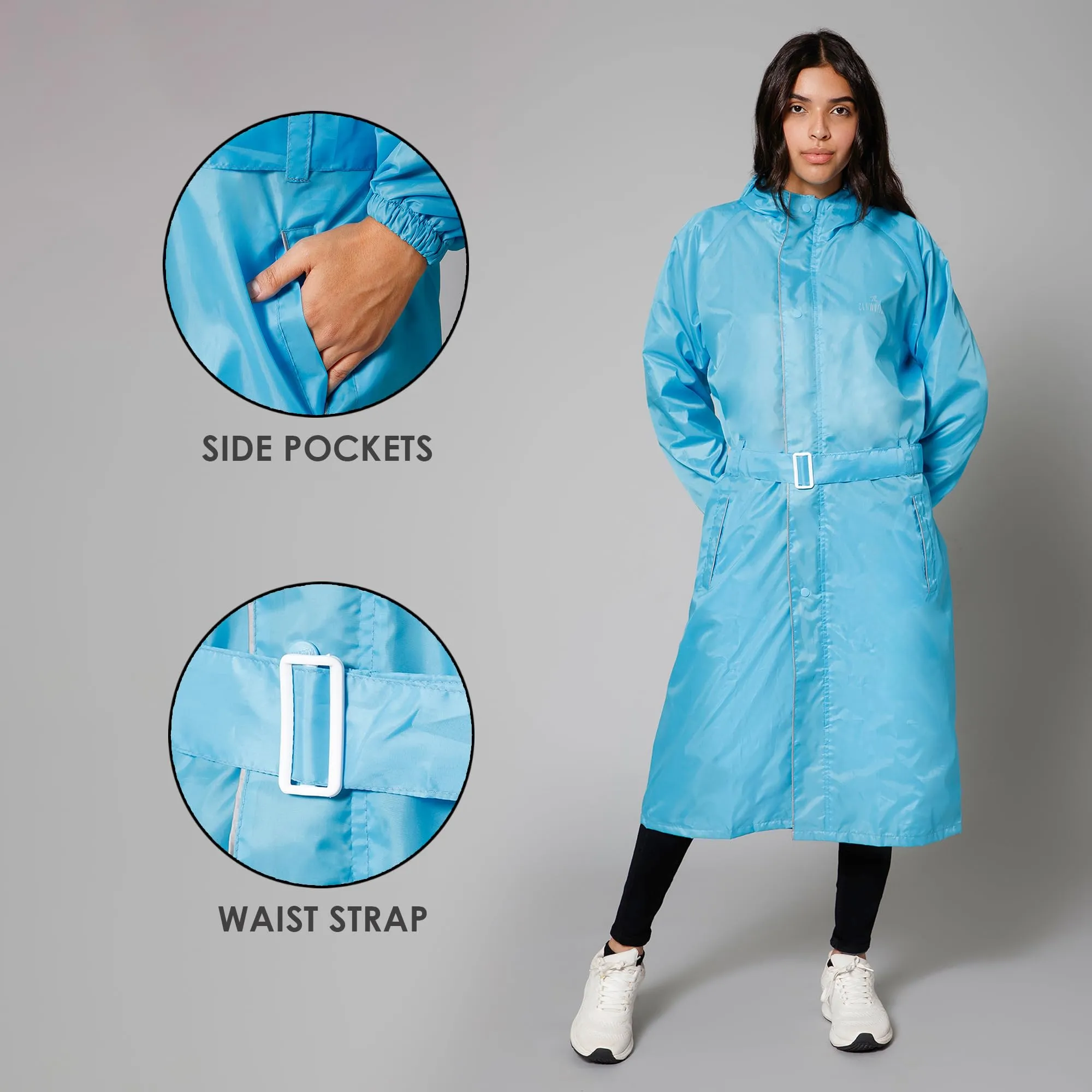 THE CLOWNFISH Raincoats for Women Raincoat for Ladies Waterproof Reversible Double Layer. Drizzle Diva Series (Turquiose Blue, XX-Large)