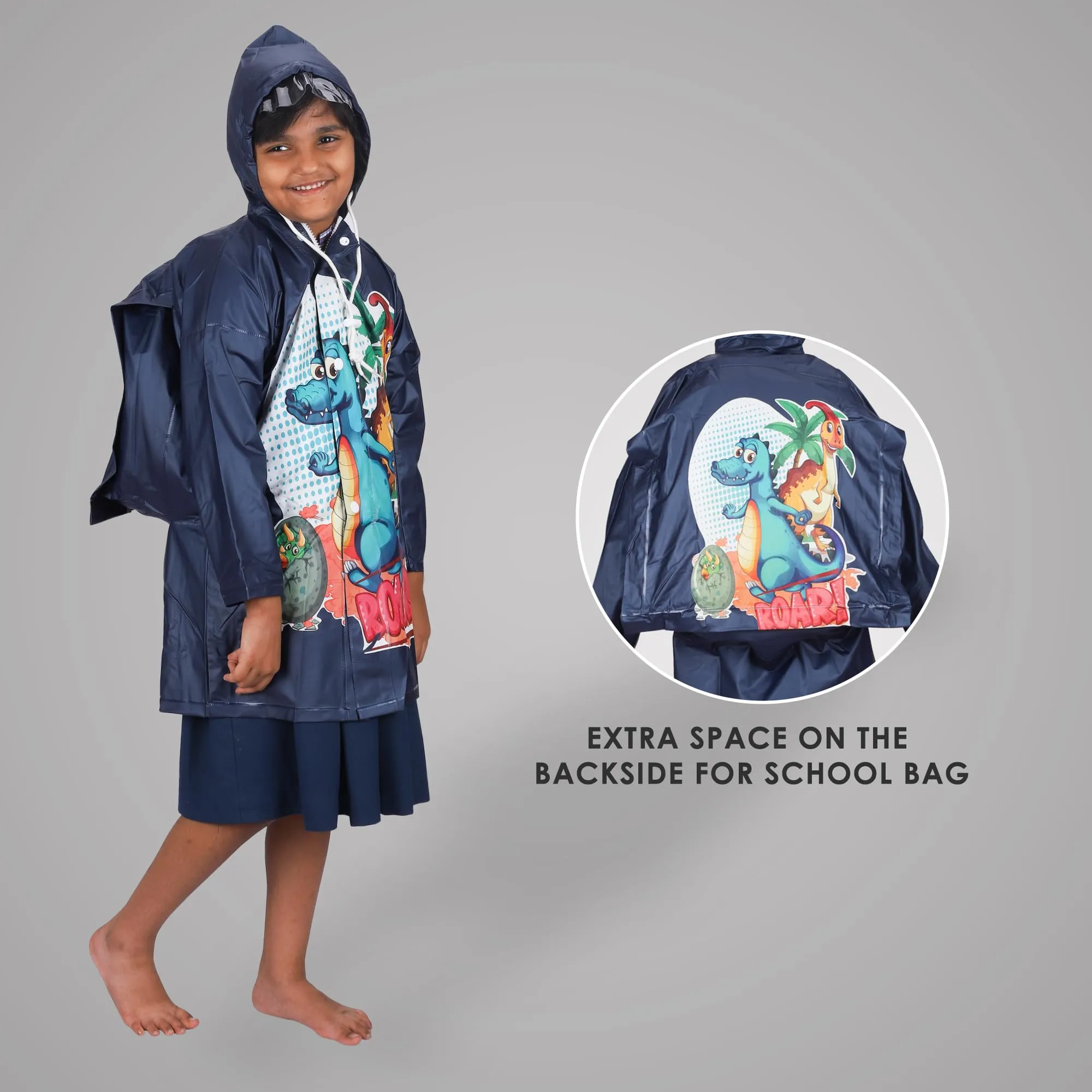 THE CLOWNFISH Toon Caper Series Kids Waterproof PVC Longcoat with Adjustable Hood & Extra Space for Backpack/Schoolbag Holding. Printed Plastic Pouch. Kid Age-3-4 years (Midnight Blue)