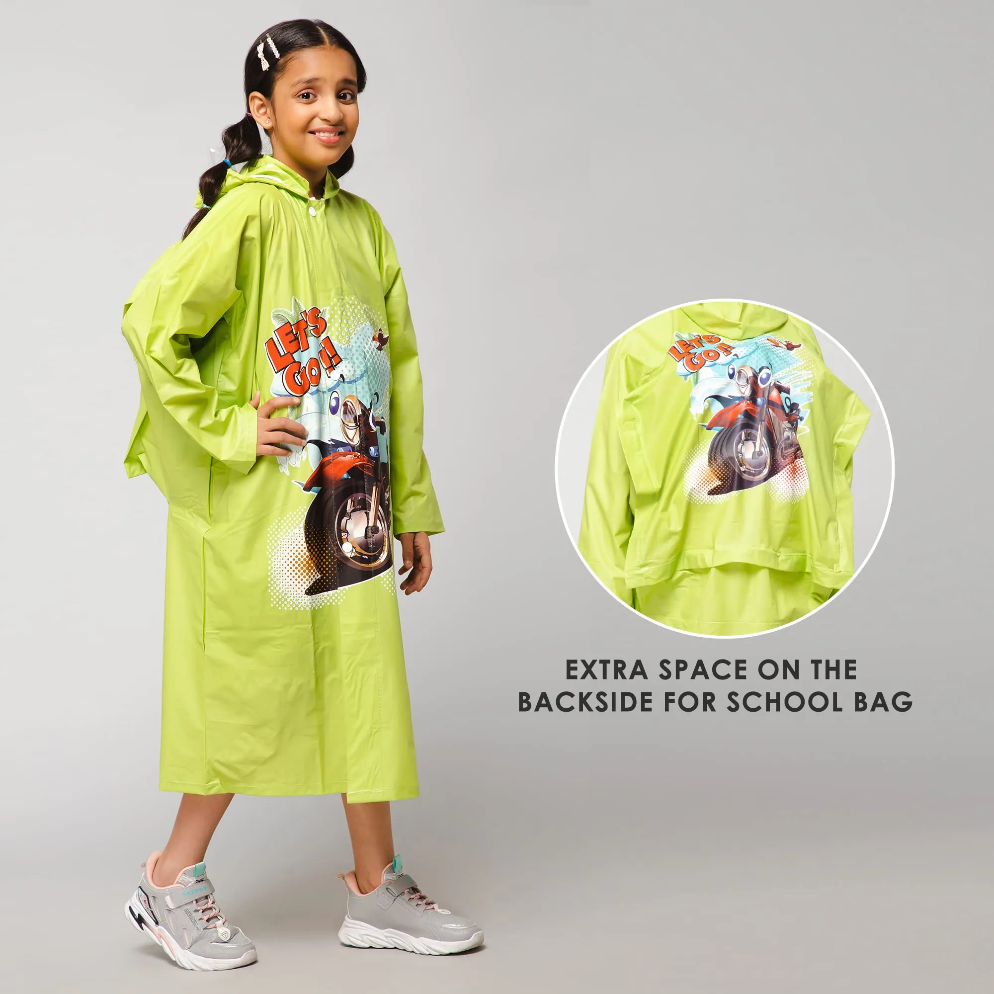 THE CLOWNFISH Toon Caper Series Kids Waterproof PVC Longcoat with Adjustable Hood & Extra Space for Backpack/Schoolbag Holding. Printed Plastic Pouch. Kid Age-4-5 years (Lime)