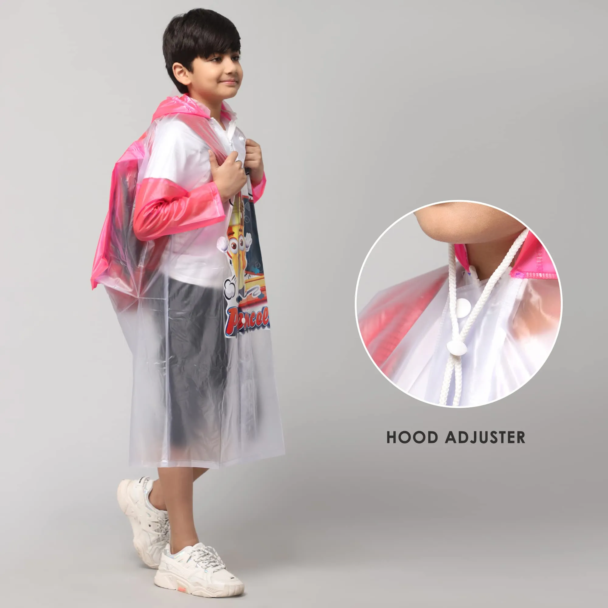 THE CLOWNFISH Toon Caper Series Kids Waterproof PVC Longcoat with Adjustable Hood & Extra Space for Backpack/Schoolbag Holding. Printed Plastic Pouch. Kid Age-4-5 years (Milky White -Transparent)