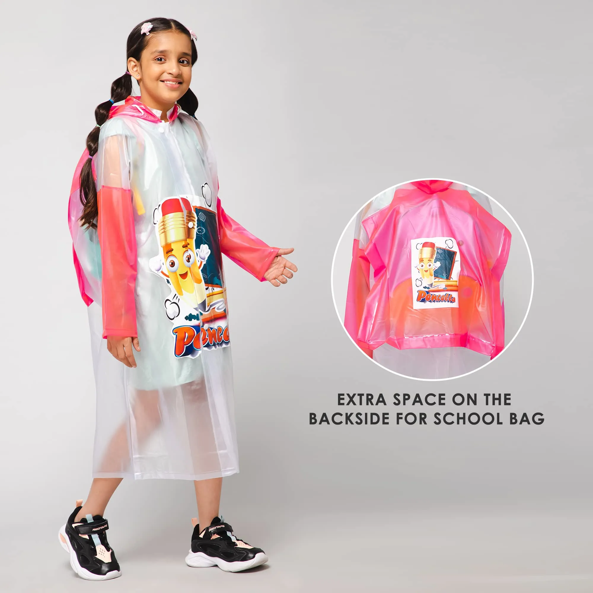 THE CLOWNFISH Toon Caper Series Kids Waterproof PVC Longcoat with Adjustable Hood & Extra Space for Backpack/Schoolbag Holding. Printed Plastic Pouch. Kid Age-4-5 years (Milky White -Transparent)