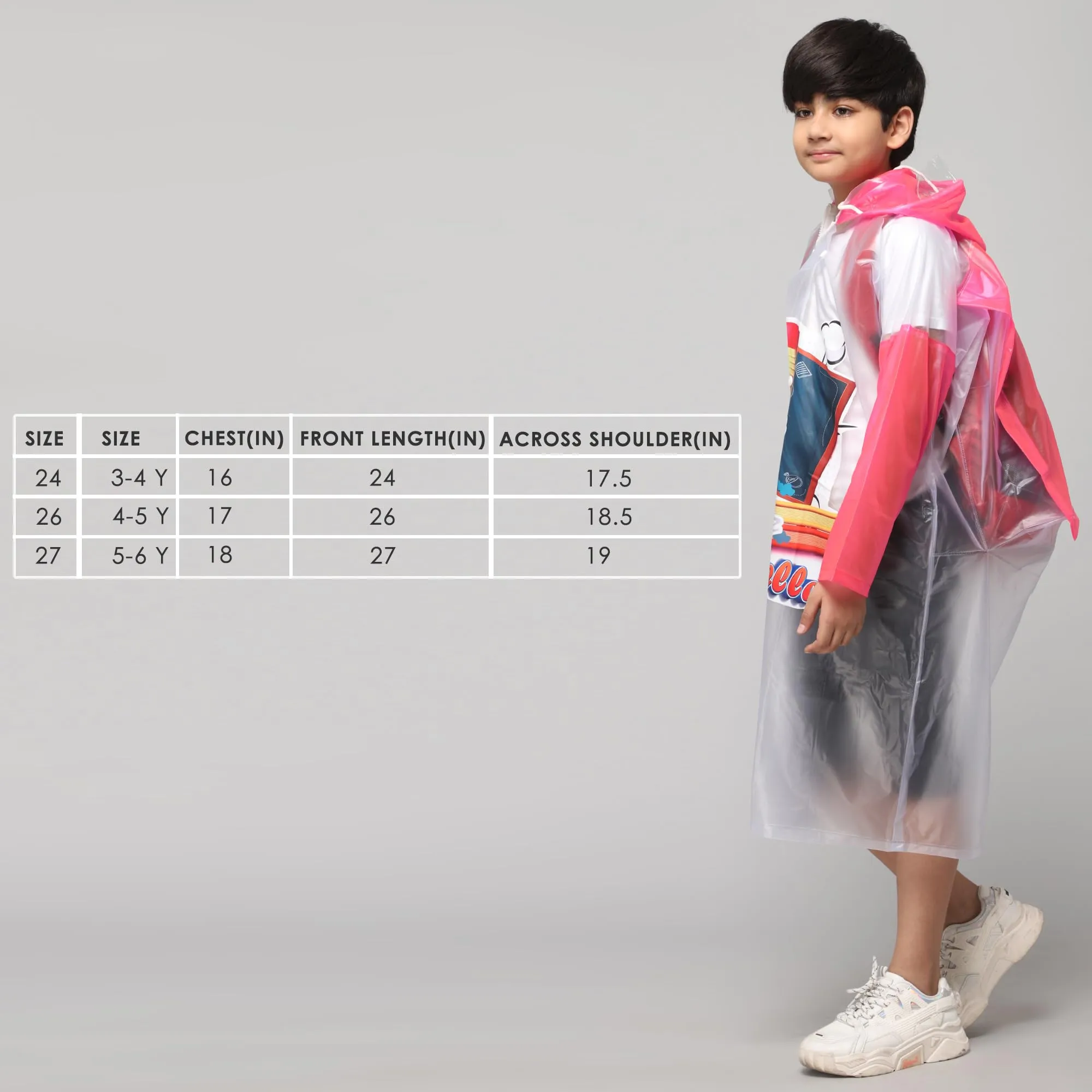 THE CLOWNFISH Toon Caper Series Kids Waterproof PVC Longcoat with Adjustable Hood & Extra Space for Backpack/Schoolbag Holding. Printed Plastic Pouch. Kid Age-4-5 years (Milky White -Transparent)