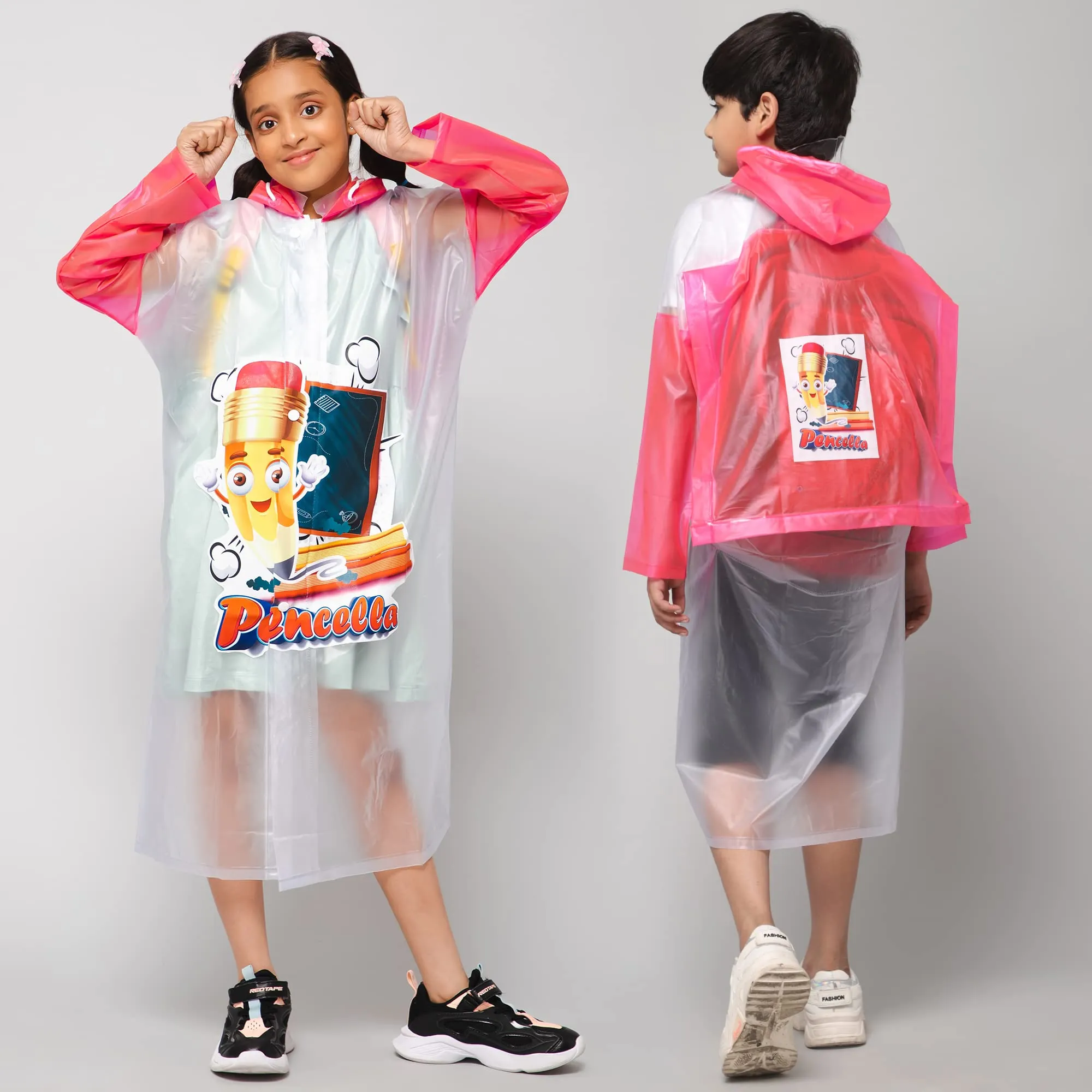 THE CLOWNFISH Toon Caper Series Kids Waterproof PVC Longcoat with Adjustable Hood & Extra Space for Backpack/Schoolbag Holding. Printed Plastic Pouch. Kid Age-4-5 years (Milky White -Transparent)