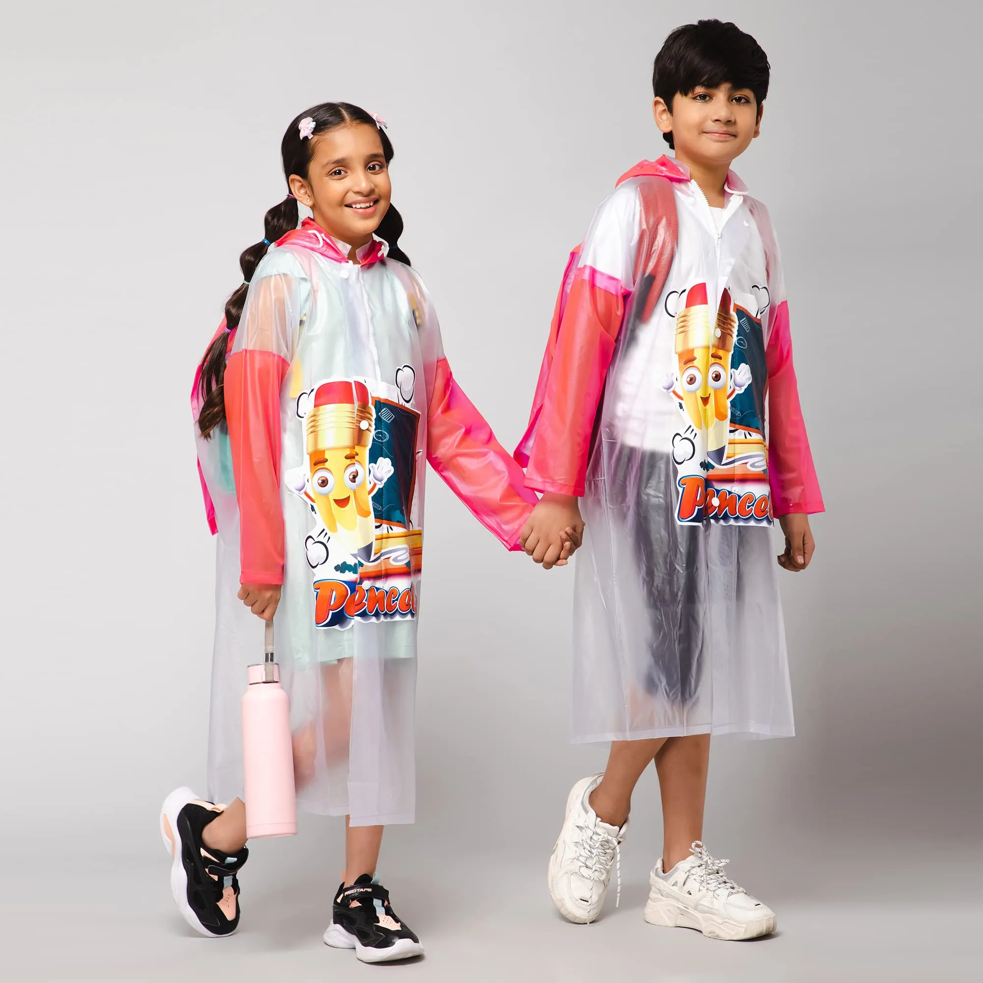 THE CLOWNFISH Toon Caper Series Kids Waterproof PVC Longcoat with Adjustable Hood & Extra Space for Backpack/Schoolbag Holding. Printed Plastic Pouch. Kid Age-4-5 years (Milky White -Transparent)