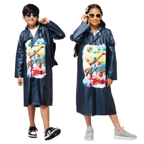 THE CLOWNFISH Toon Caper Series Kids Waterproof PVC Longcoat with Adjustable Hood & Extra Space for Backpack/Schoolbag Holding. Printed Plastic Pouch. Kid Age-5-6 years (Navy Blue)