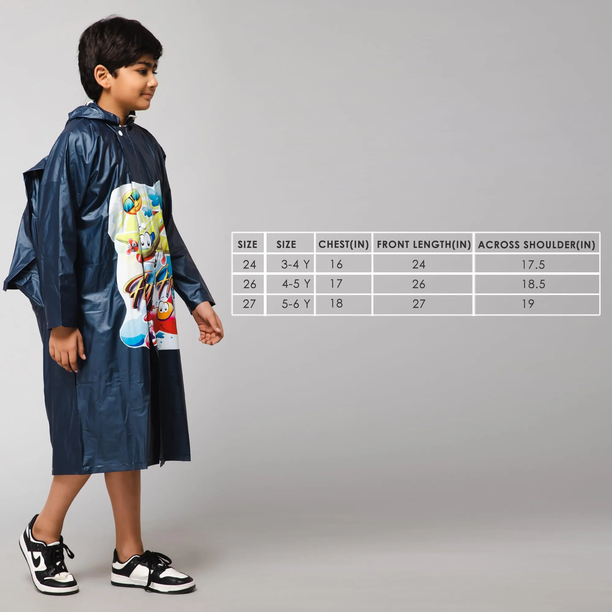 THE CLOWNFISH Toon Caper Series Kids Waterproof PVC Longcoat with Adjustable Hood & Extra Space for Backpack/Schoolbag Holding. Printed Plastic Pouch. Kid Age-5-6 years (Navy Blue)