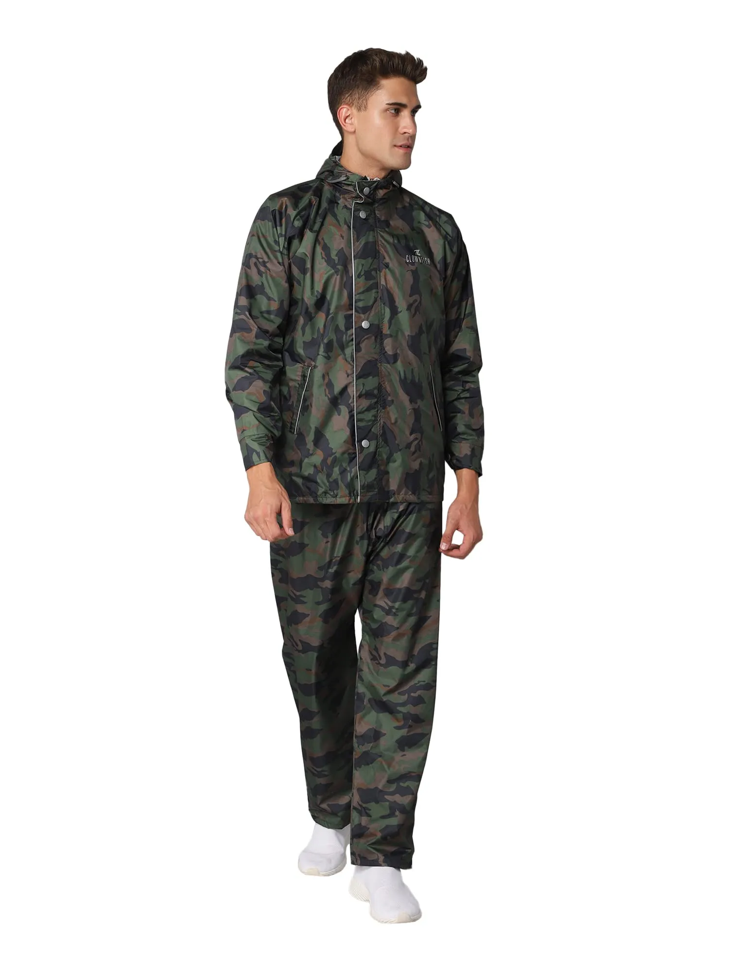 THE CLOWNFISH Warrior Pro Series Men's Waterproof Polyester Double Coating Reversible Raincoat with Hood and Reflector Logo at Back for Night Travelling. Set of Top and Bottom (Green Camo, XXX-Large)