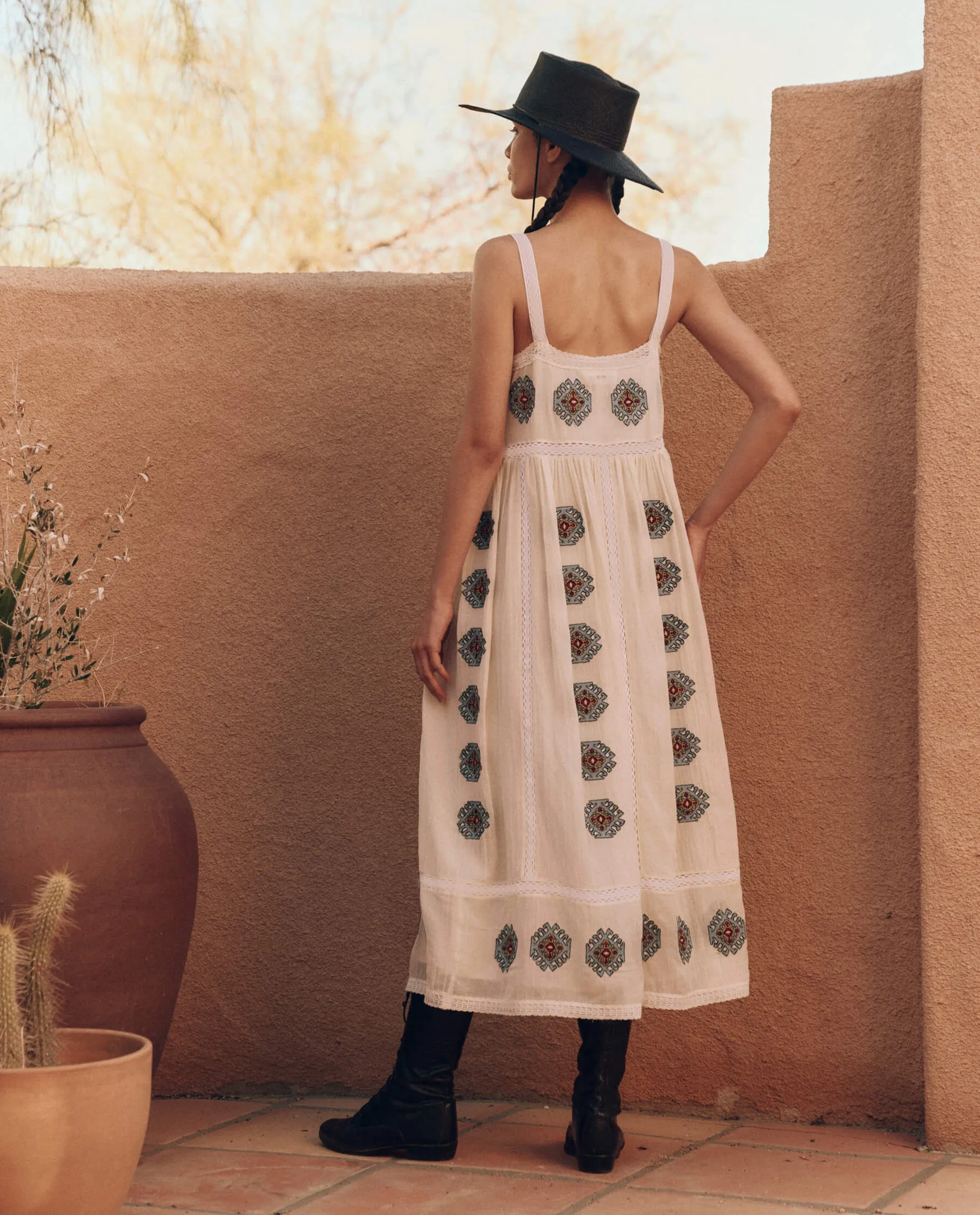 The Roam Dress with Folklore Embroidery. -- Cream