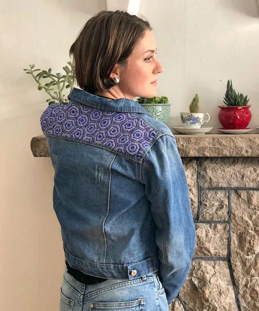 Up-Cycled Geometric Beaded Denim Jacket | L