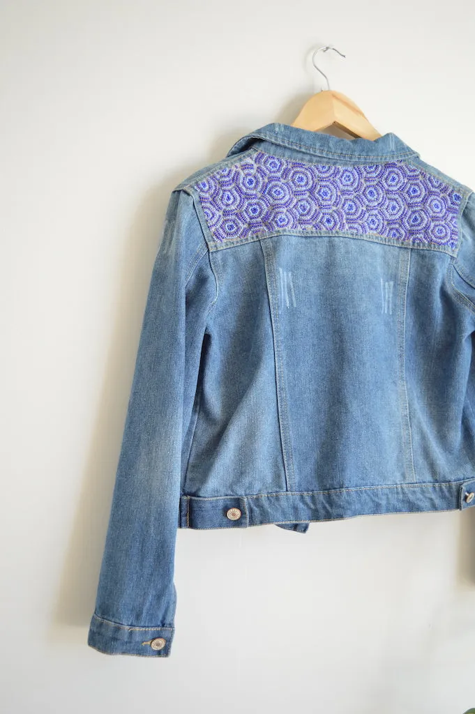 Up-Cycled Geometric Beaded Denim Jacket | L