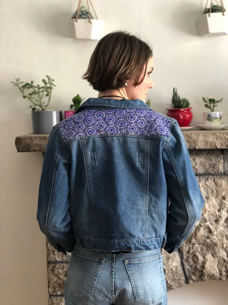 Up-Cycled Geometric Beaded Denim Jacket | L